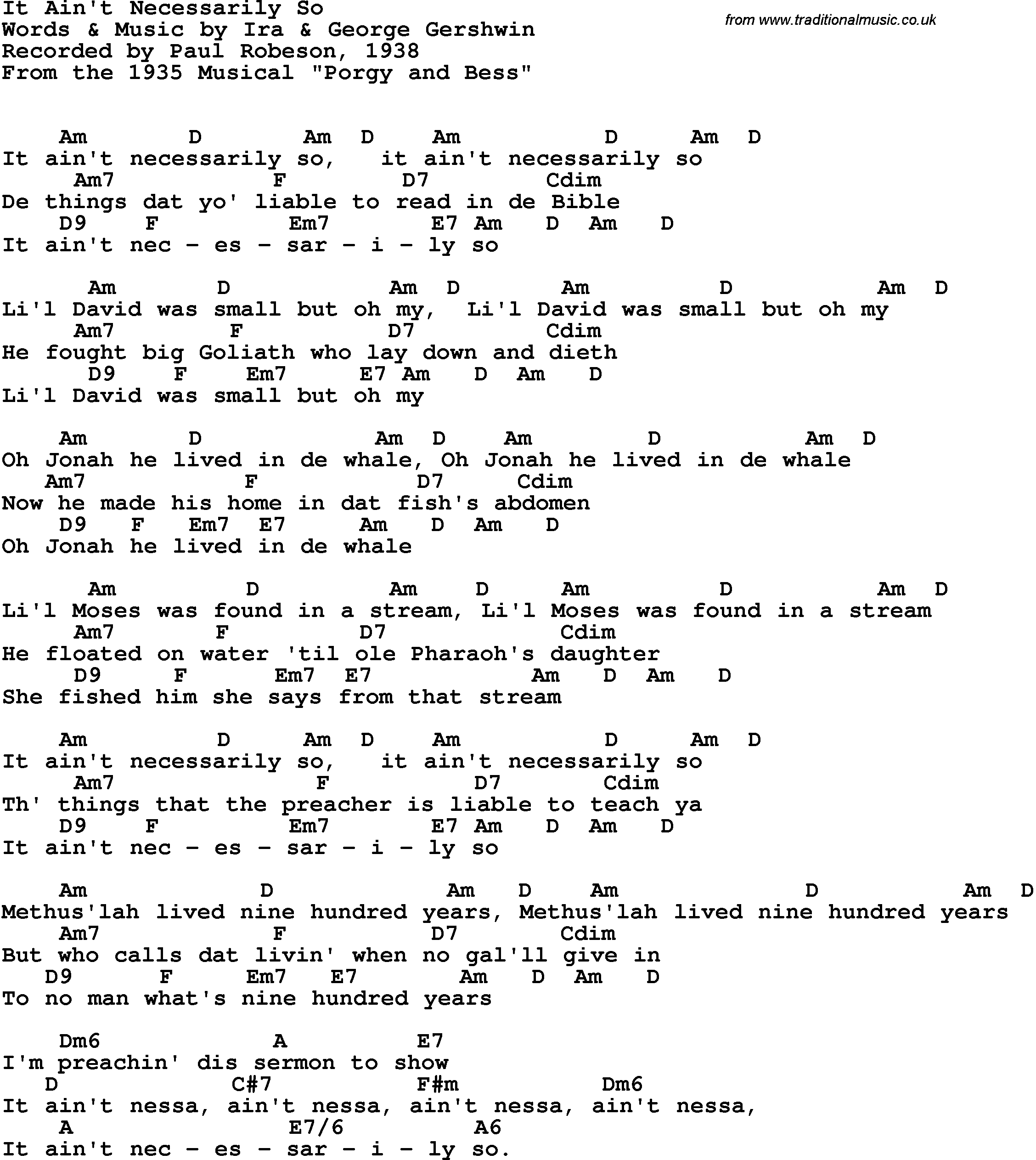 Ain T No Sunshine Chords Song Lyrics With Guitar Chords For It Aint Necessarily So Paul