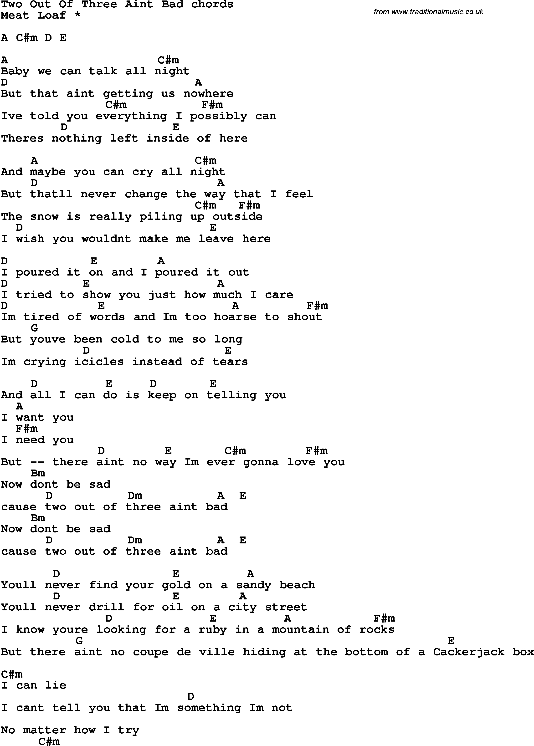 Ain T No Sunshine Chords Song Lyrics With Guitar Chords For Two Out Of Three Aint Bad