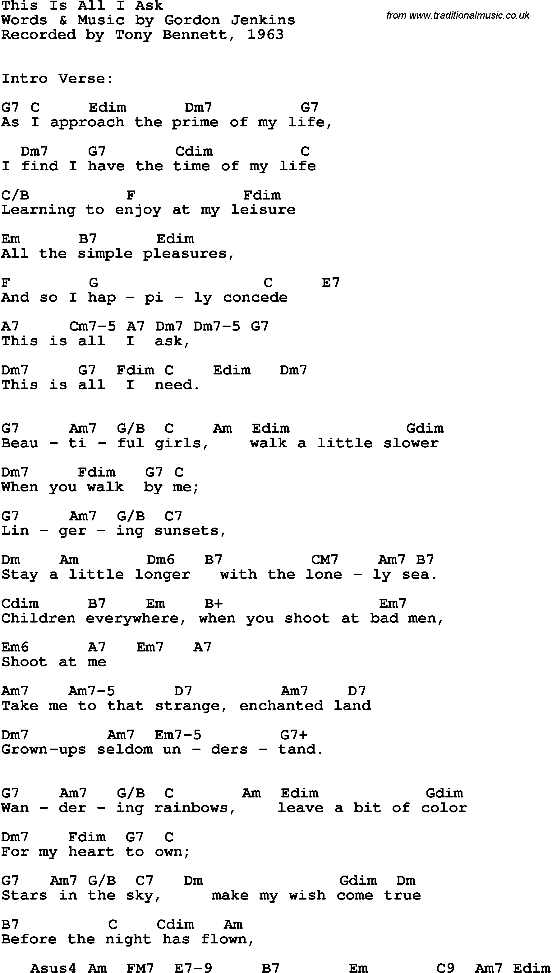 All I Ask Chords Song Lyrics With Guitar Chords For This Is All I Ask Tony Bennett