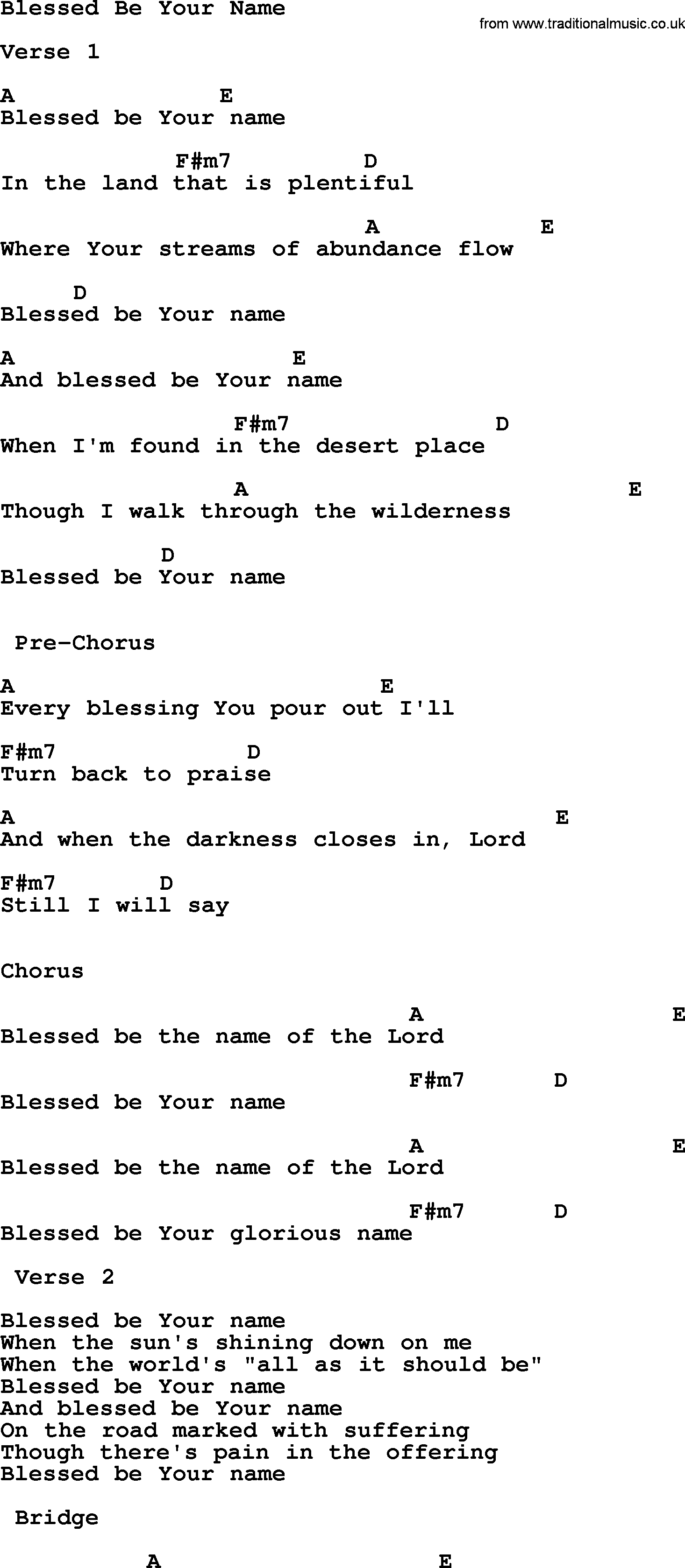 Blessed Be Your Name Chords Wedding Hymns And Songs Blessed Be Your Name Lyrics Chords And Pdf