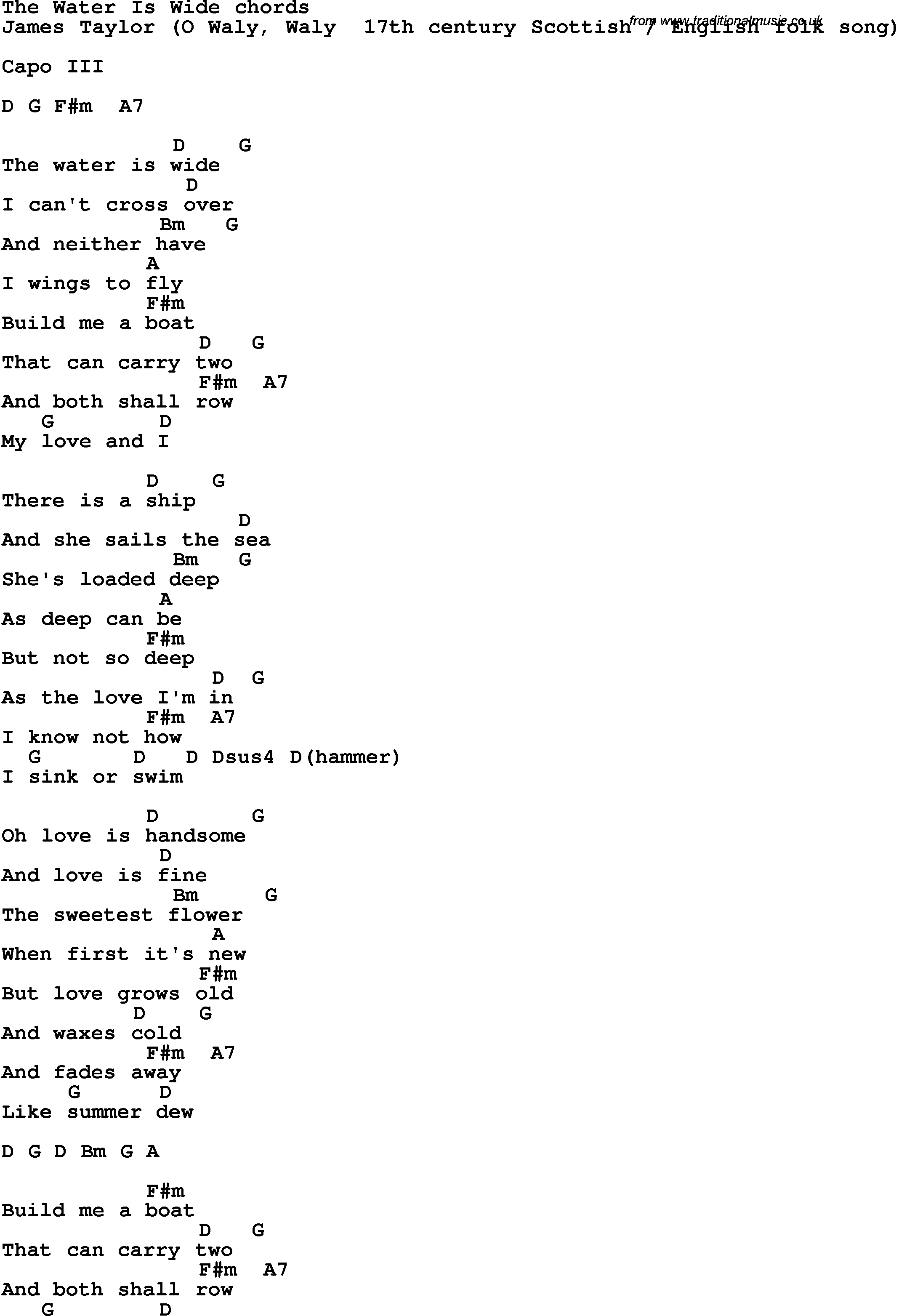 Cold Water Chords Song Lyrics With Guitar Chords For The Water Is Wide James Taylor