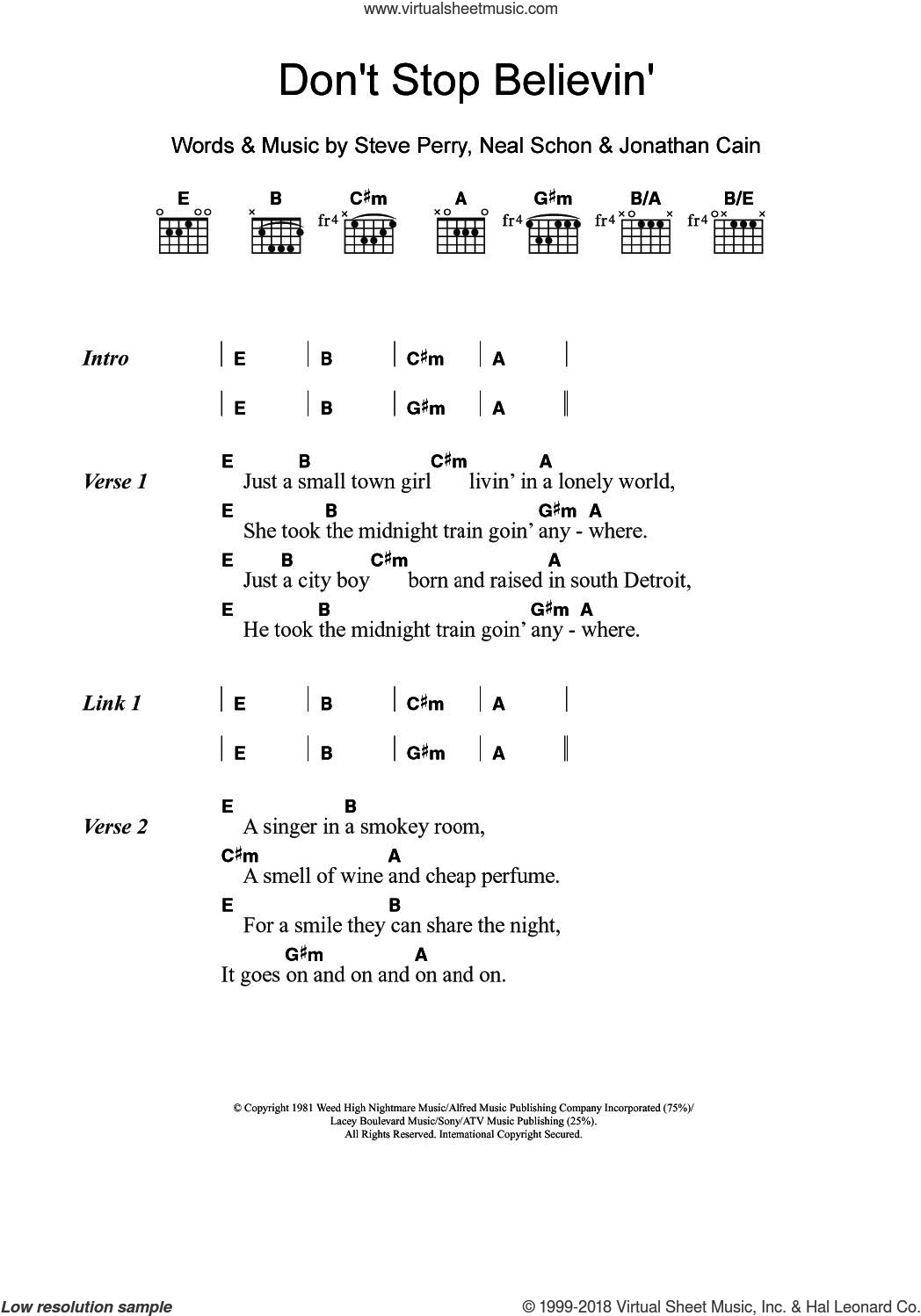 Don T Stop Believing Chords Journey Dont Stop Believin Sheet Music For Guitar Chords