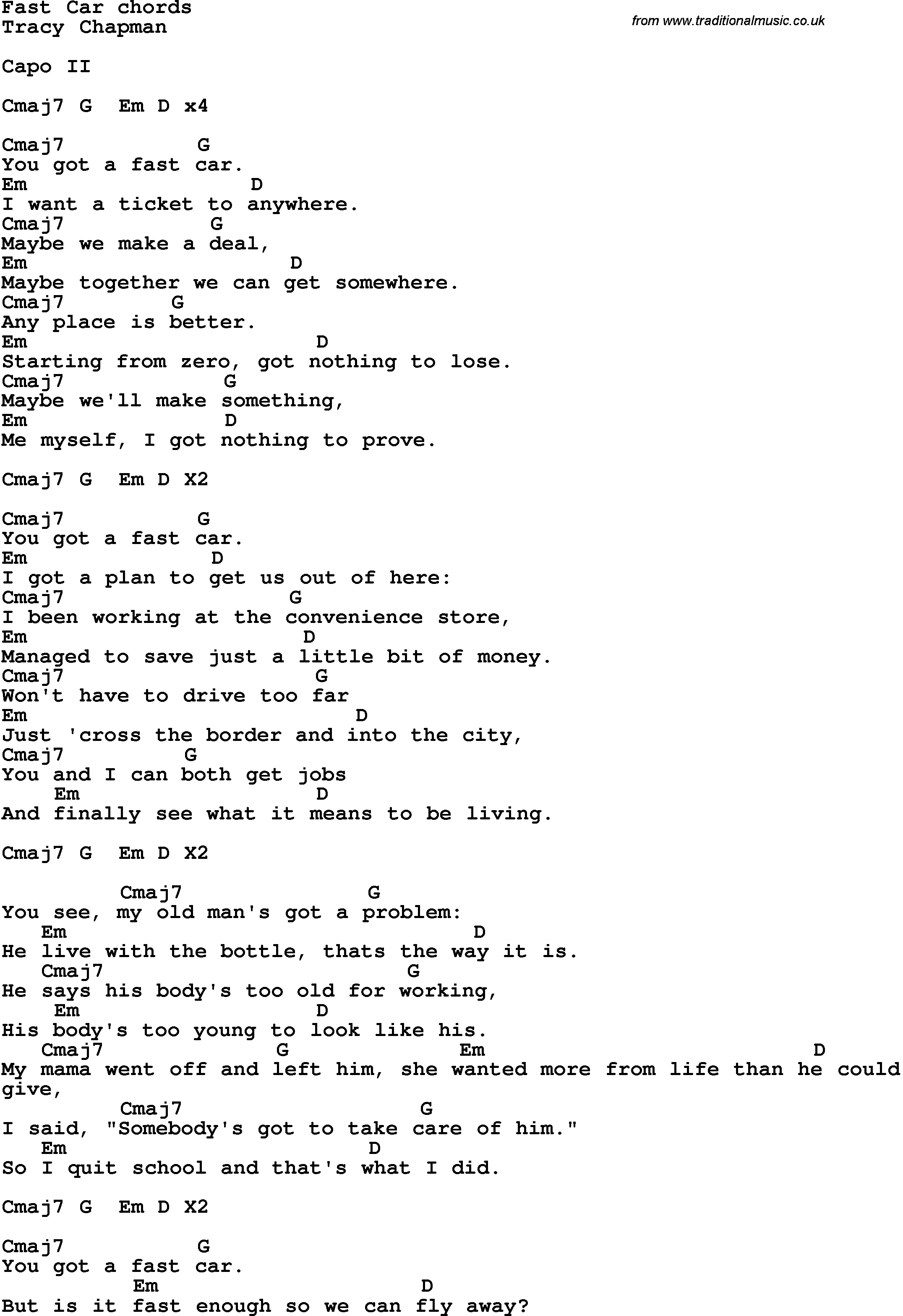 Fast Car Chords Song Lyrics With Guitar Chords For Fast Car