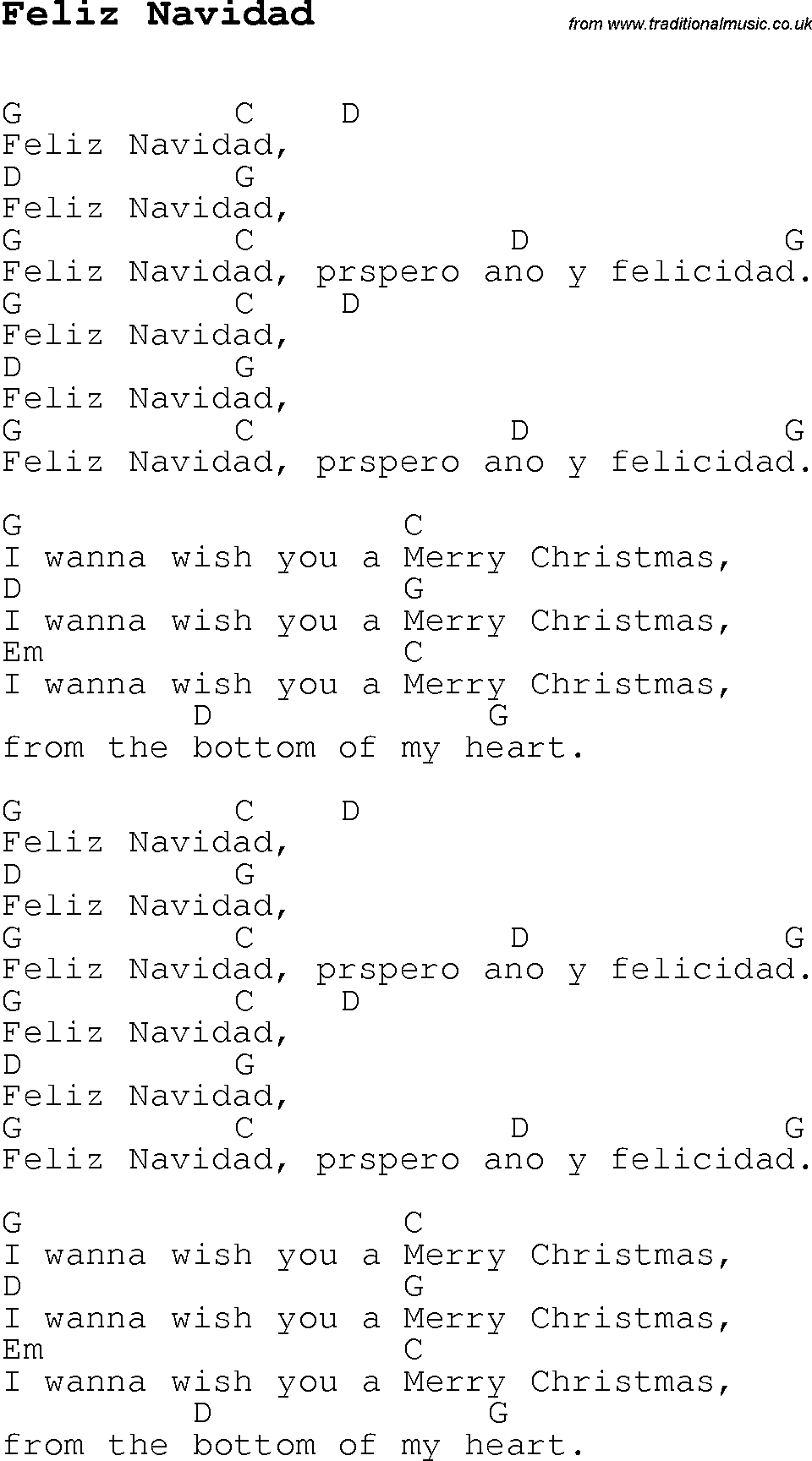Feliz Navidad Chords Christmas Carolsong Lyrics With Chords For Feliz Navidad