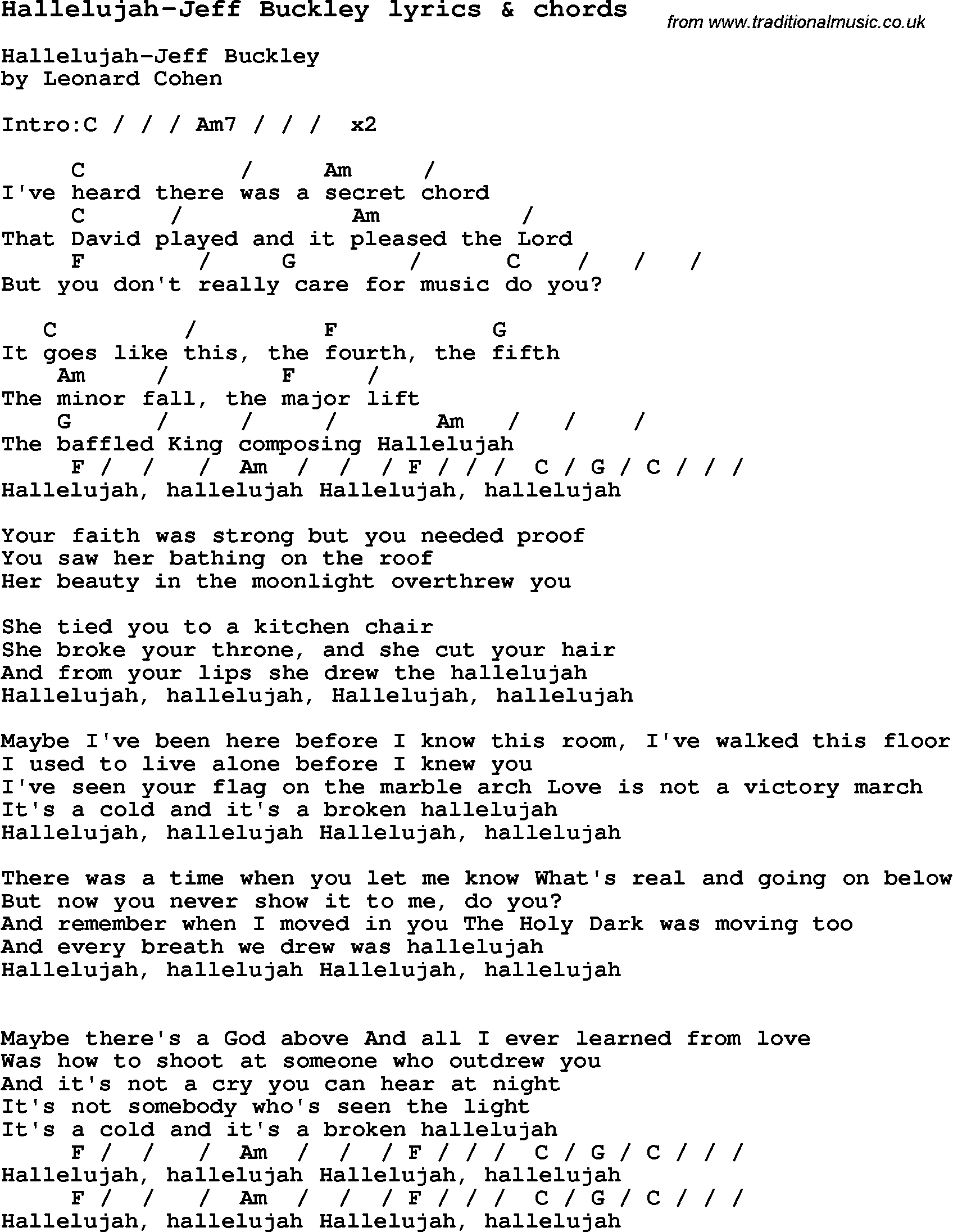 Hallelujah Ukulele Chords Love Song Lyrics Forhallelujah Jeff Buckley With Chords