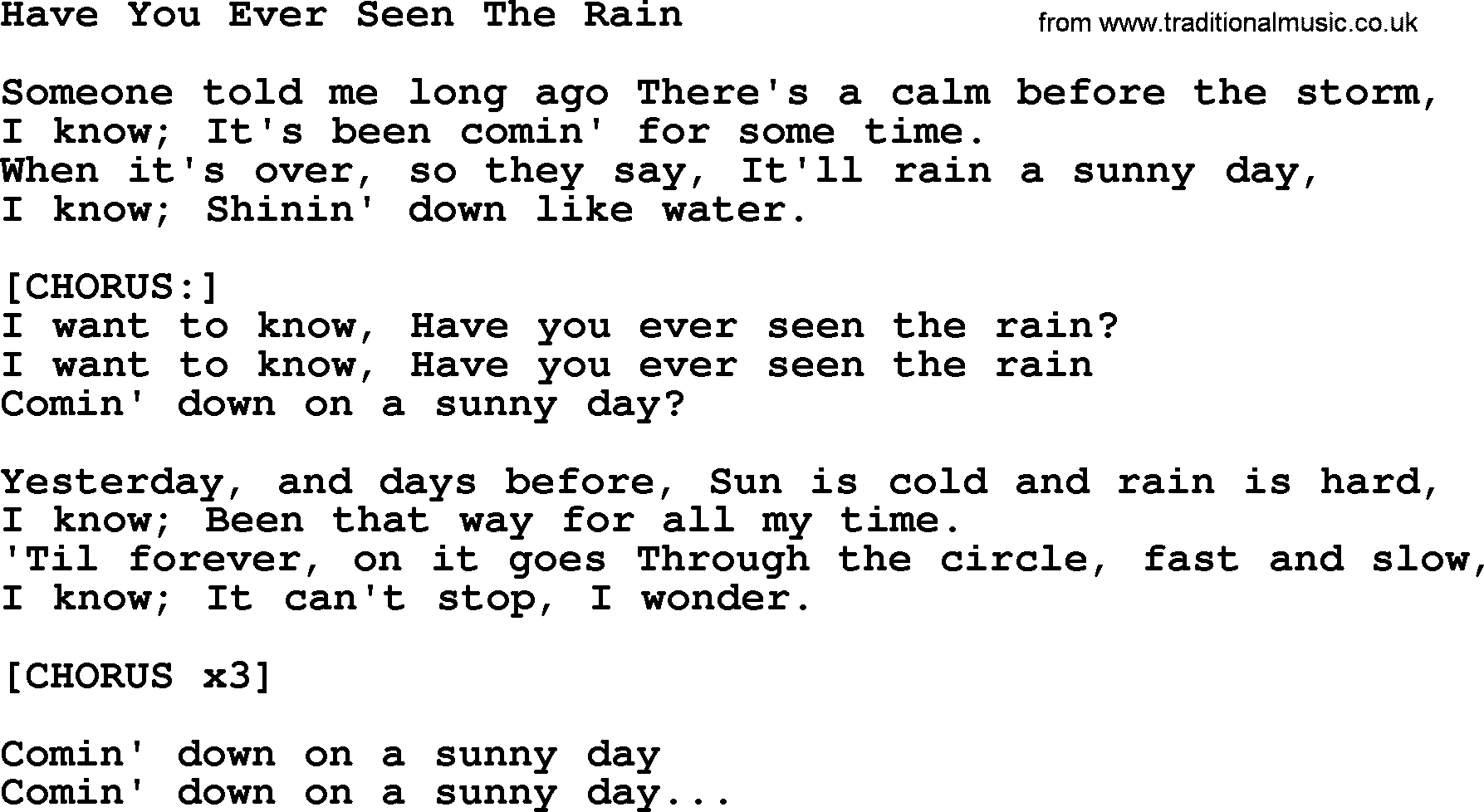 Have You Ever Seen The Rain Chords Willie Nelson Song Have You Ever Seen The Rain Lyrics