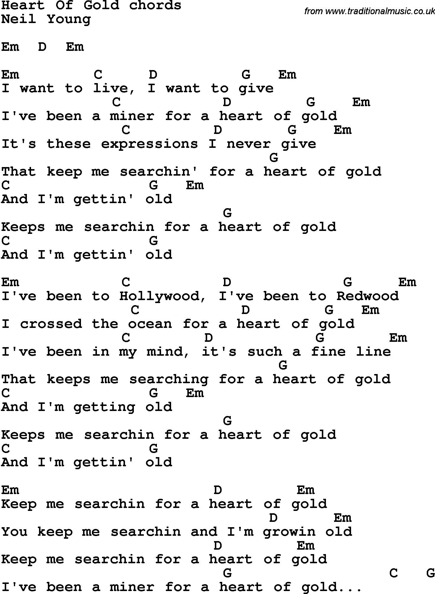 Heart Of Gold Chords Song Lyrics With Guitar Chords For Heart Of Gold