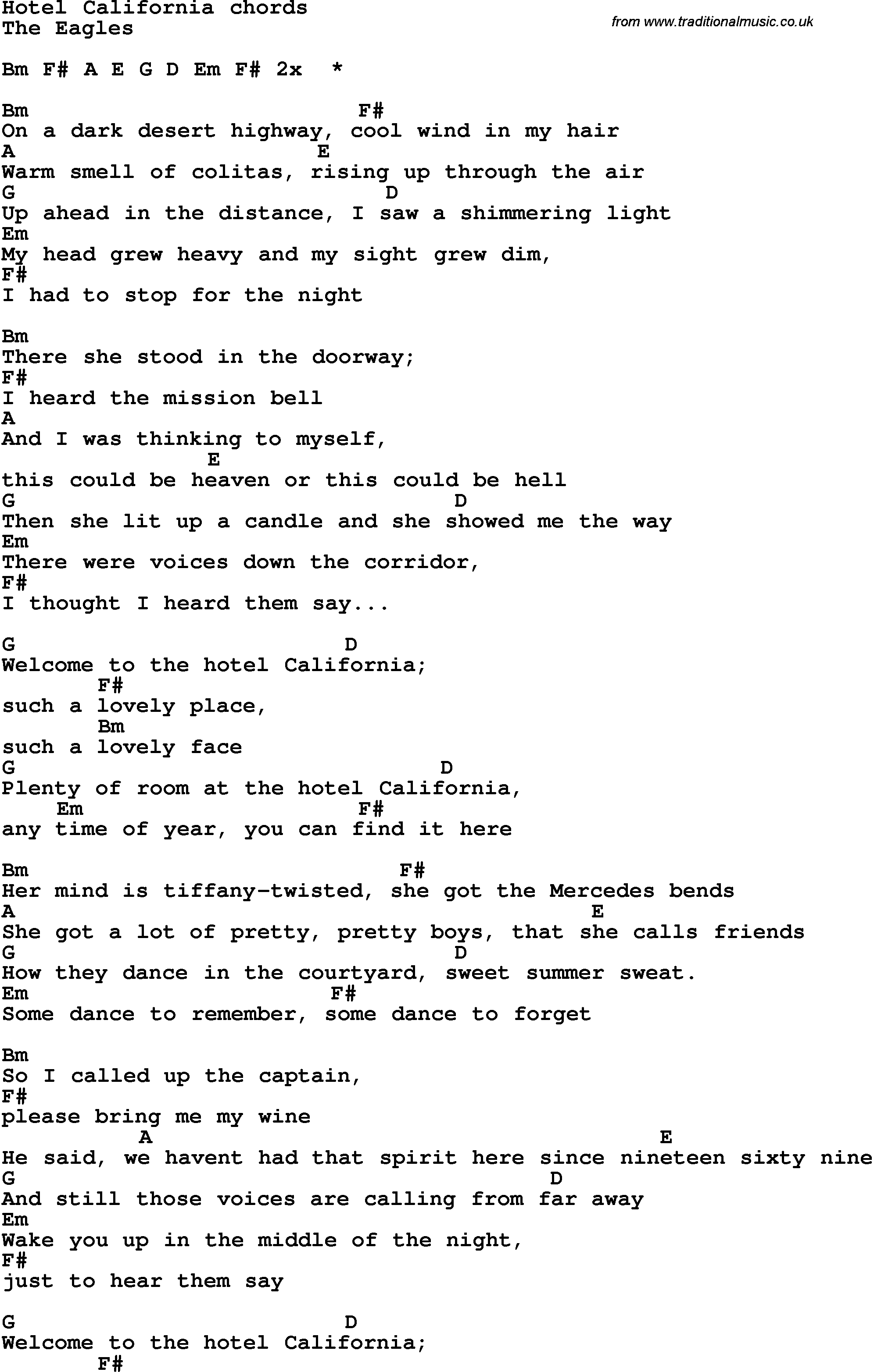 Hotel California Chords Song Lyrics With Guitar Chords For Hotel California