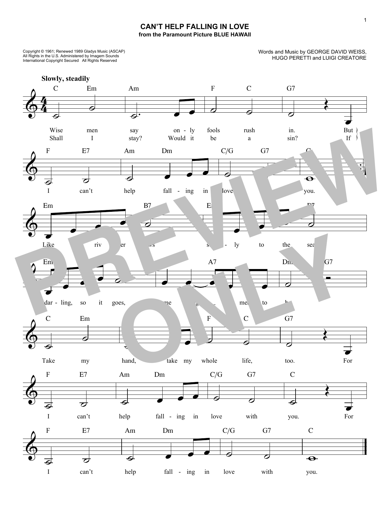 I Can T Help Falling In Love With You Chords Cant Help Falling In Love Sheet Music Elvis Presley Lead Sheet