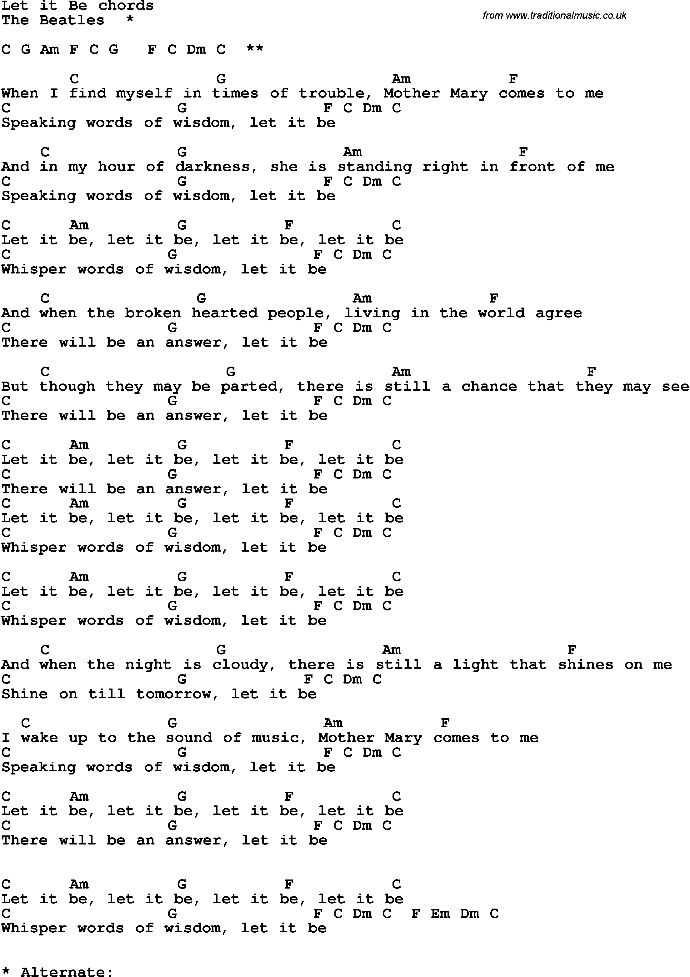 Let It Be Chords Song Lyrics With Guitar Chords For Let It Be The Beatles