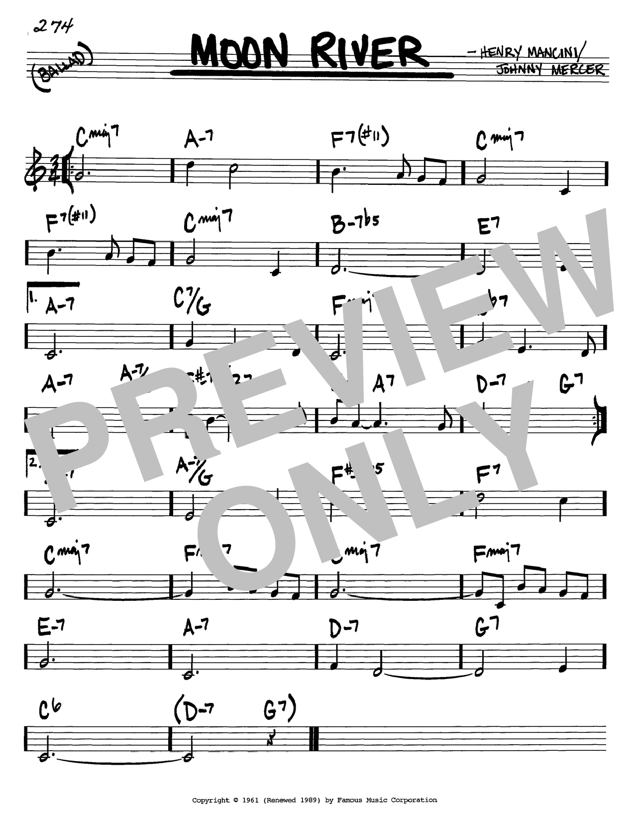 Moon River Chords Moon River Henry Mancini Real Book Melody Chords C Instruments Digital Sheet Music