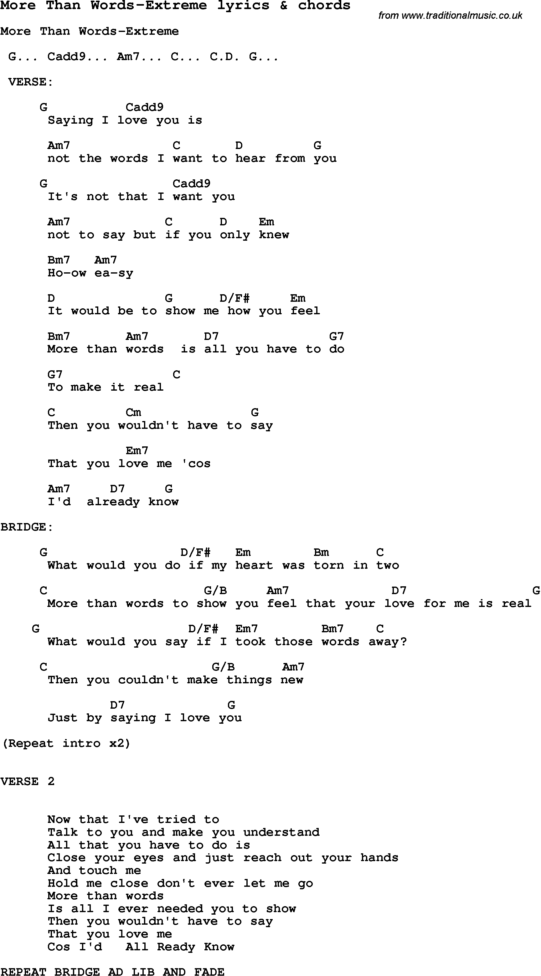 More Than Words Chords Love Song Lyrics Formore Than Words Extreme With Chords