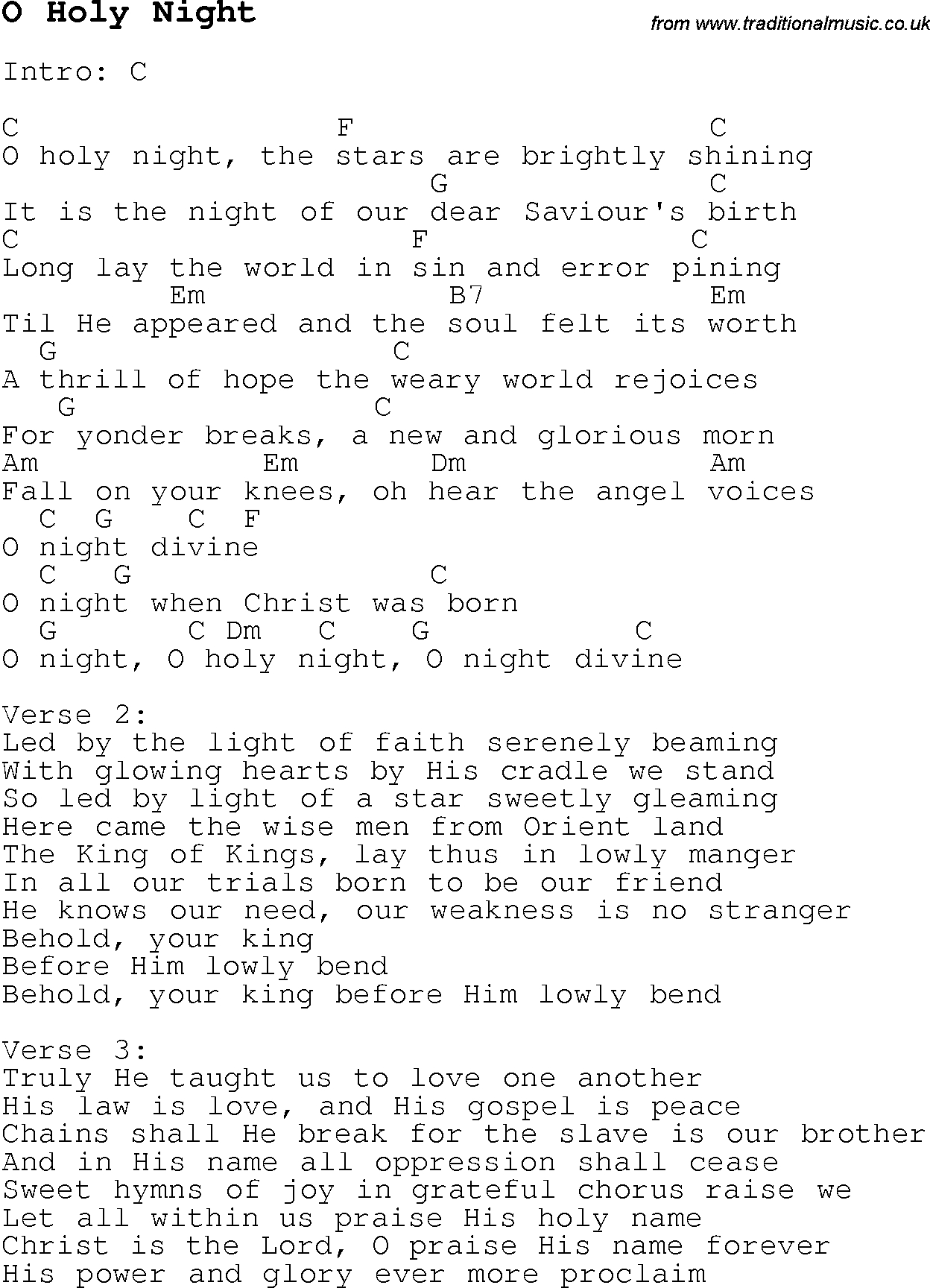 O Holy Night Chords Christmas Carolsong Lyrics With Chords For O Holy Night