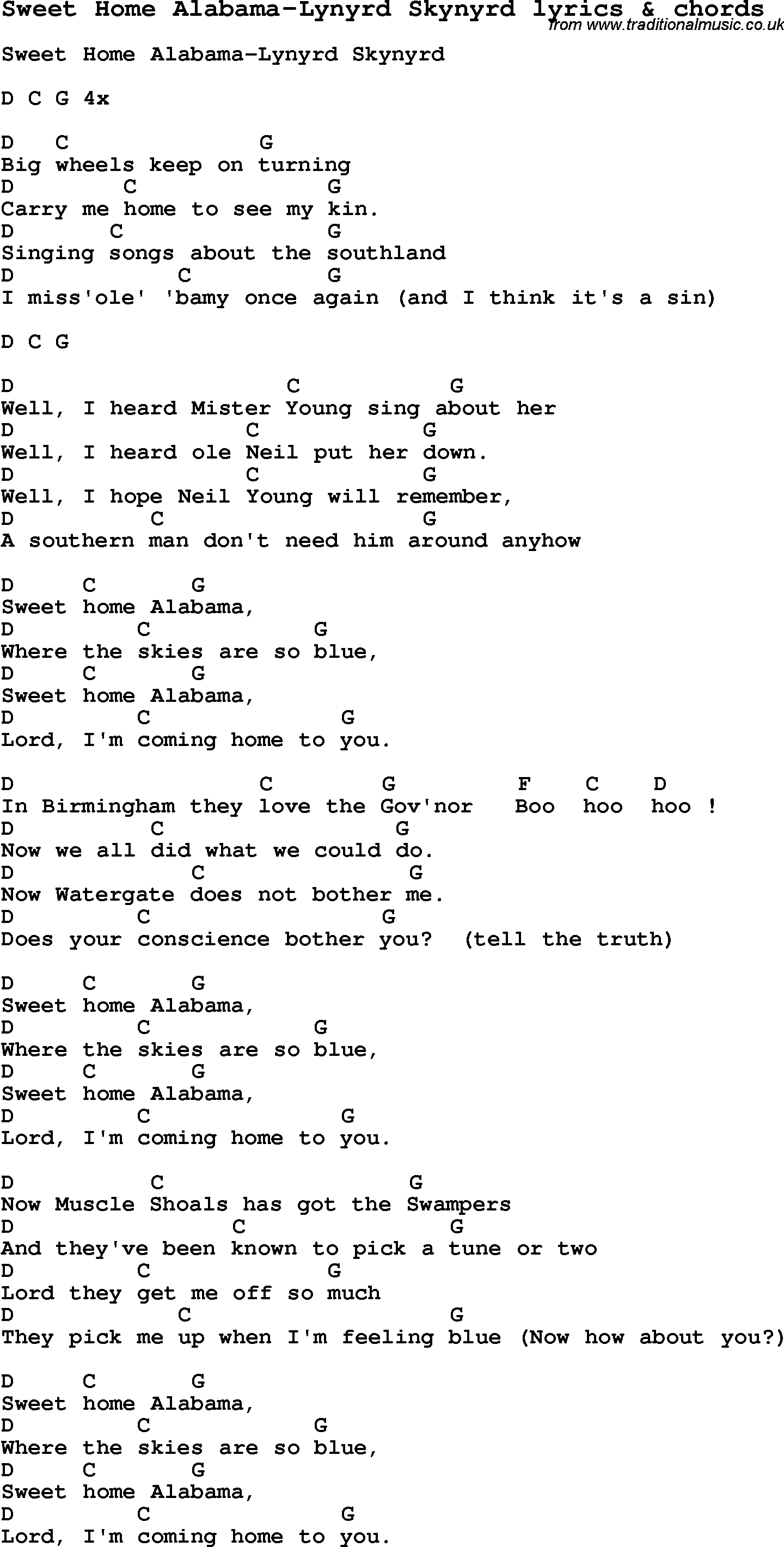 Sweet Home Alabama Chords Love Song Lyrics Forsweet Home Alabama Lynyrd Skynyrd With Chords