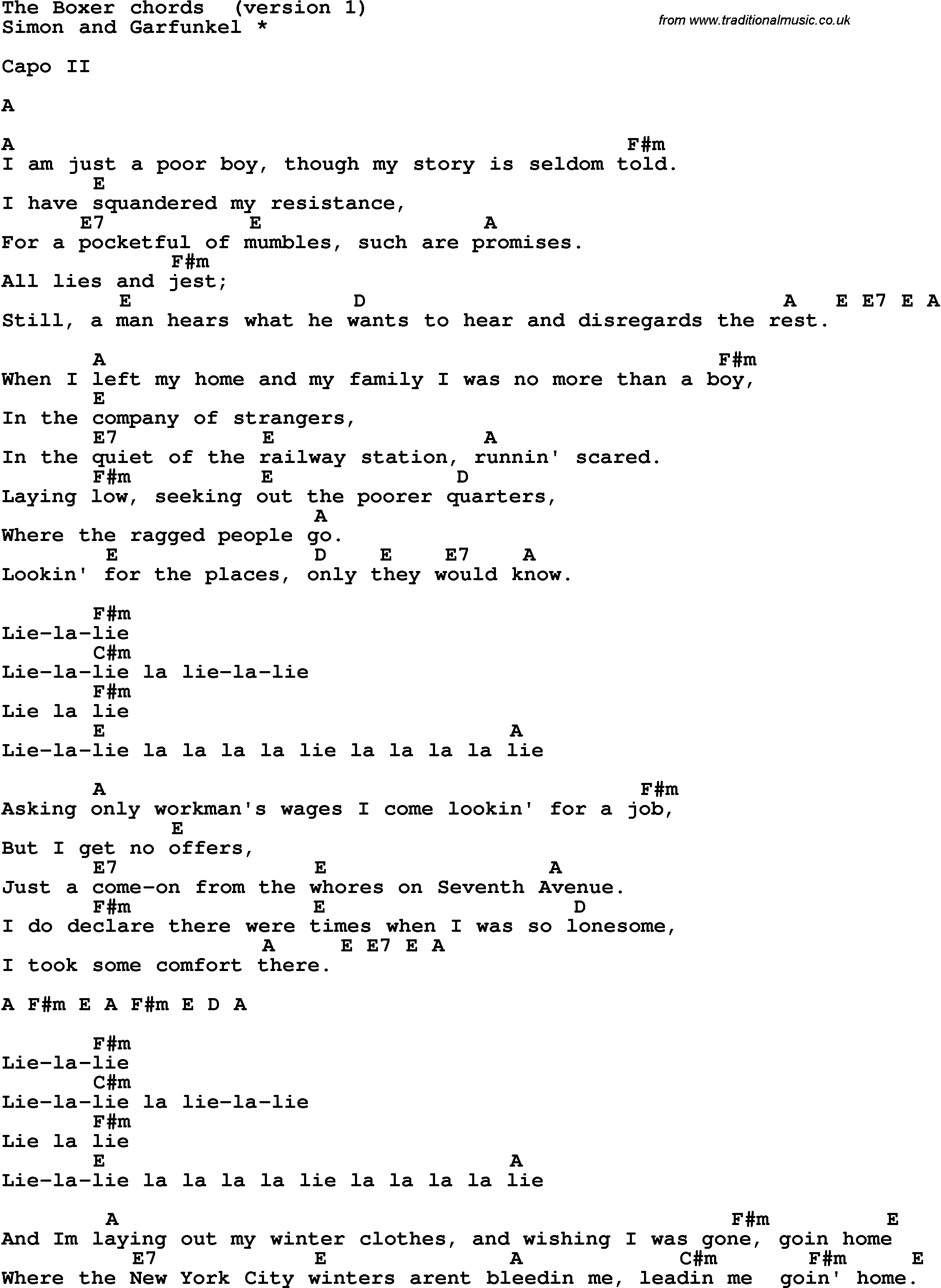 The Boxer Chords Song Lyrics With Guitar Chords For The Boxer Simon And Garfunkel