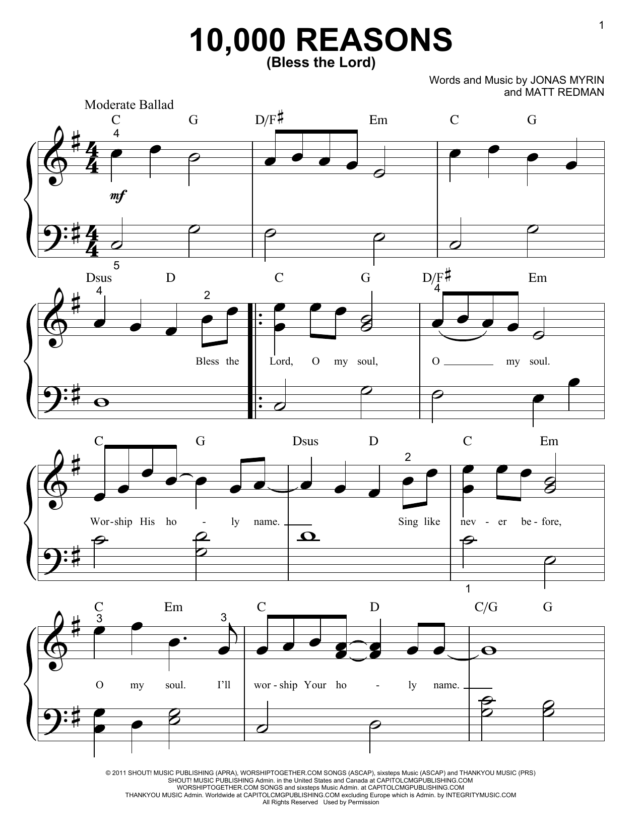 10000 Reasons Chords 10000 Reasons Bless The Lord Big Note Piano Print Sheet Music