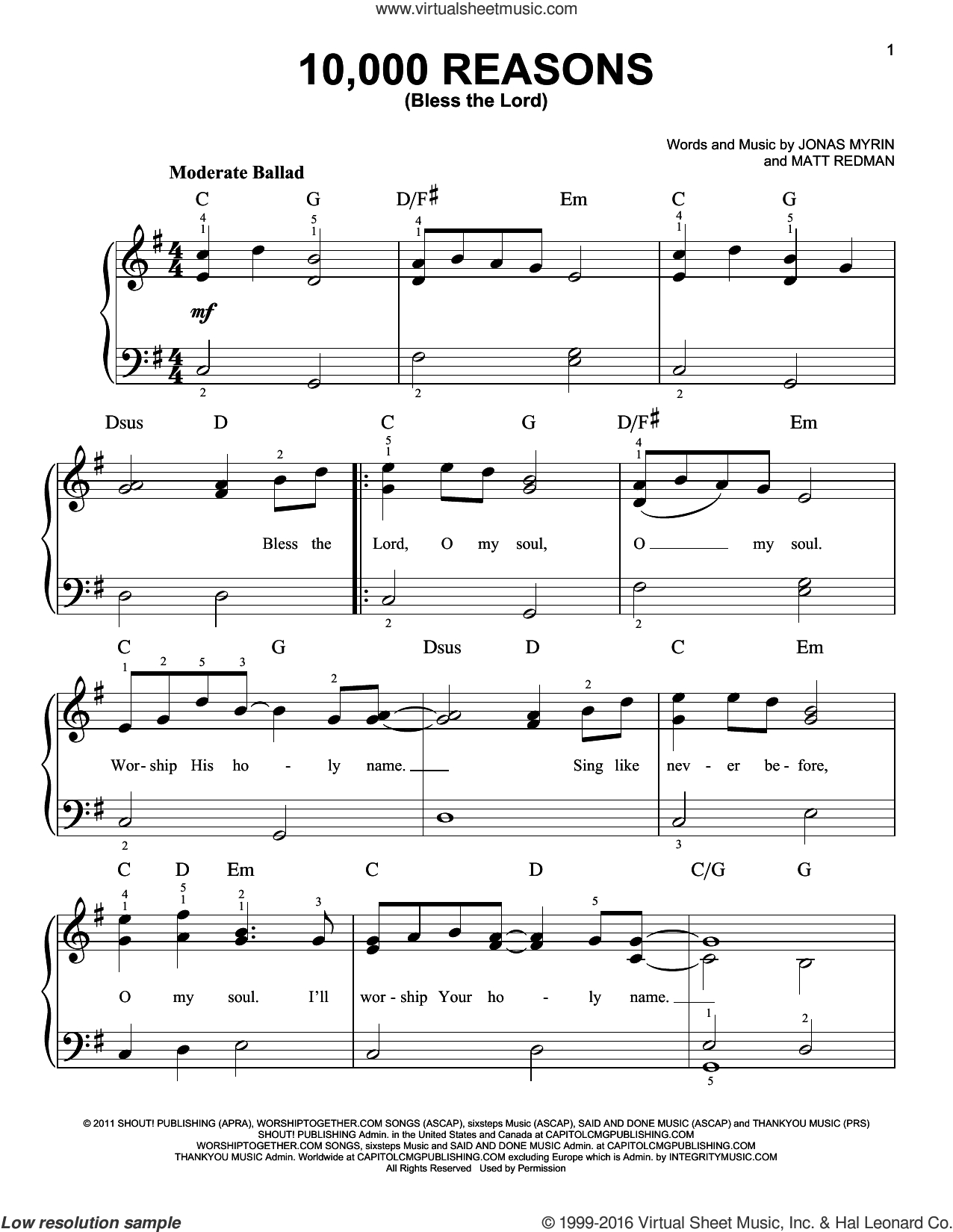 10000 Reasons Chords Redman 10000 Reasons Bless The Lord Easy Sheet Music For Piano Solo