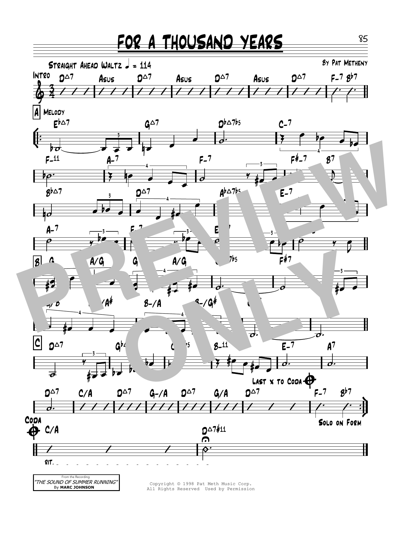 A Thousand Years Chords For A Thousand Years Pat Metheny Real Book Melody Chords Digital Sheet Music
