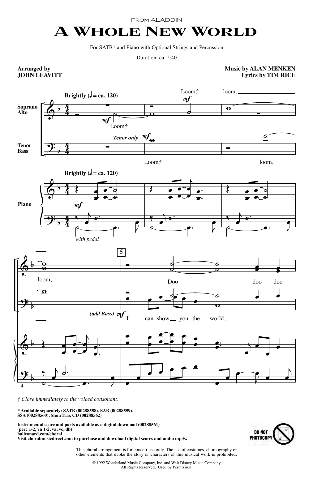 A Whole New World Chords Alan Menken A Whole New World From Aladdin Arr John Leavitt Sheet Music Notes Chords Download Printable Satb Choir Sku 409866