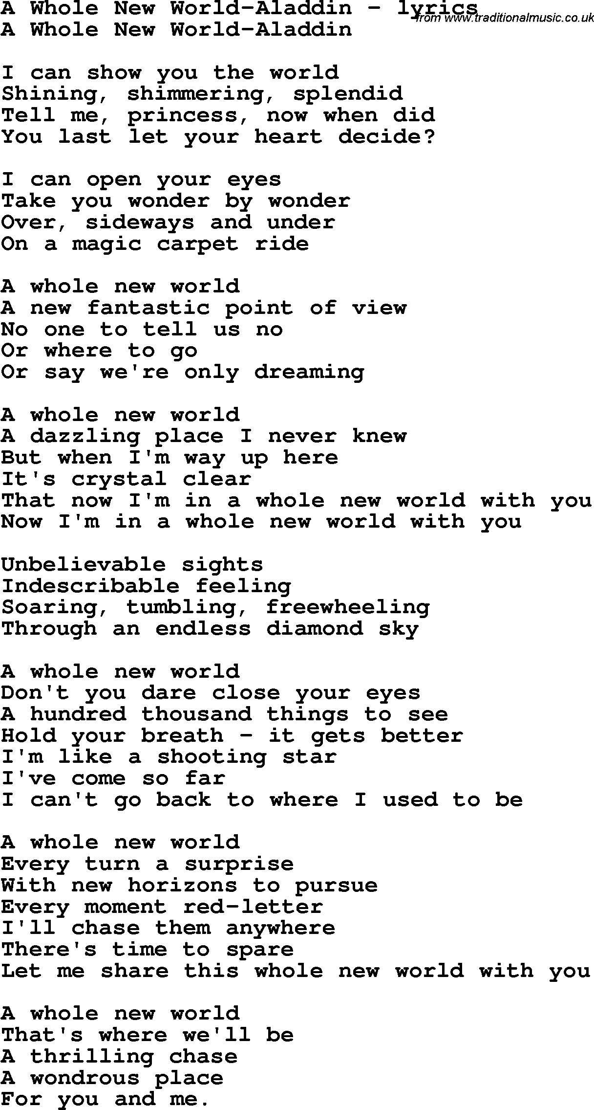 A Whole New World Chords Love Song Lyrics Fora Whole New World Aladdin
