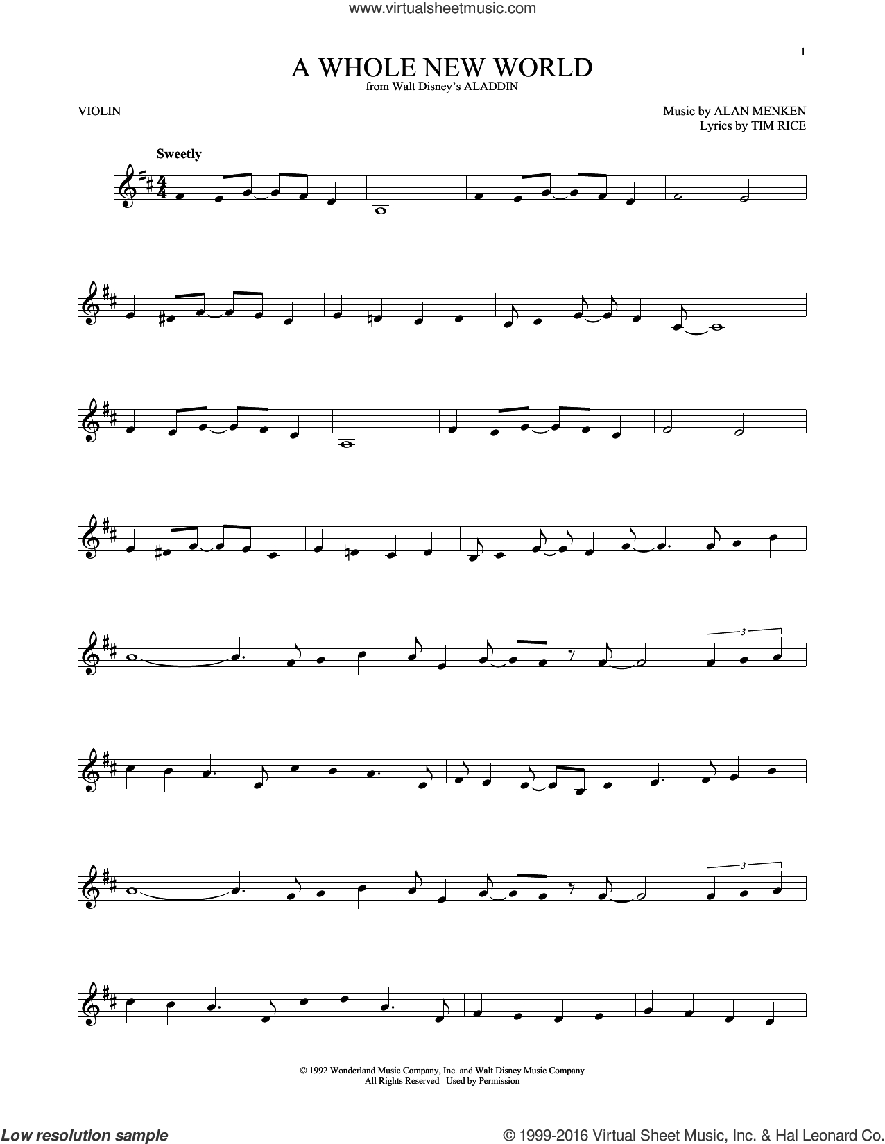 A Whole New World Chords Menken A Whole New World From Aladdin Sheet Music For Violin Solo