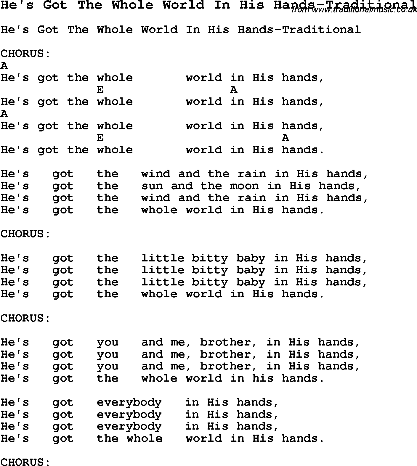 A Whole New World Chords Summer Camp Song Hes Got The Whole World In His Hands Traditional