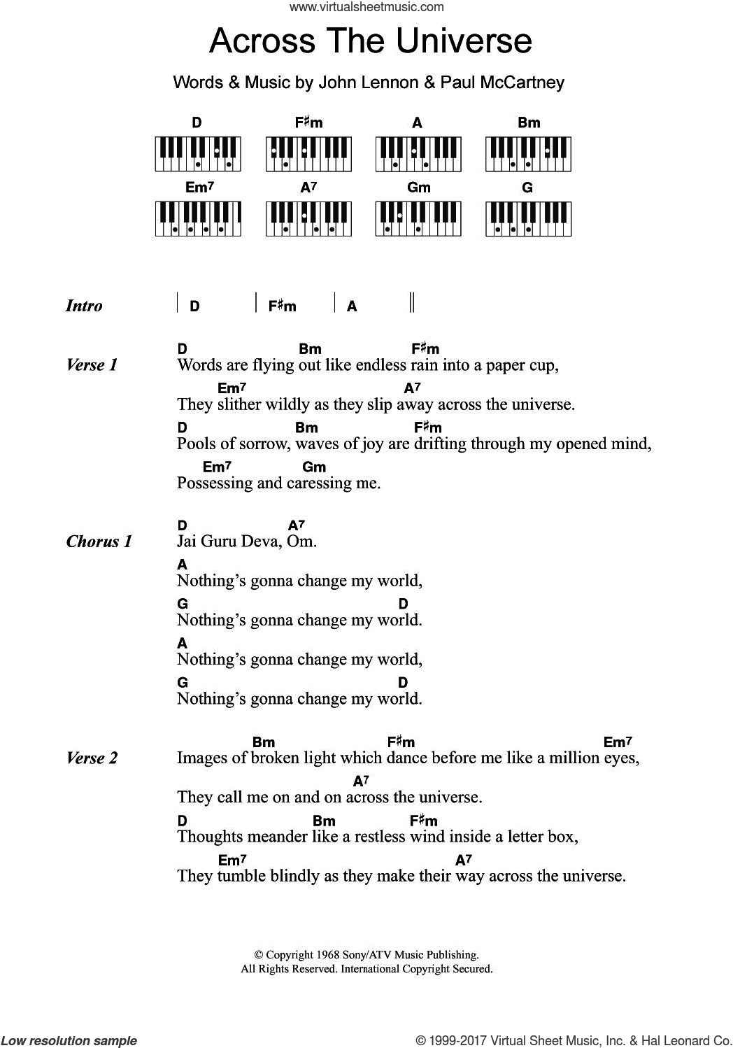 Across The Universe Chords Beatles Across The Universe Sheet Music For Piano Solo Chords Lyrics Melody