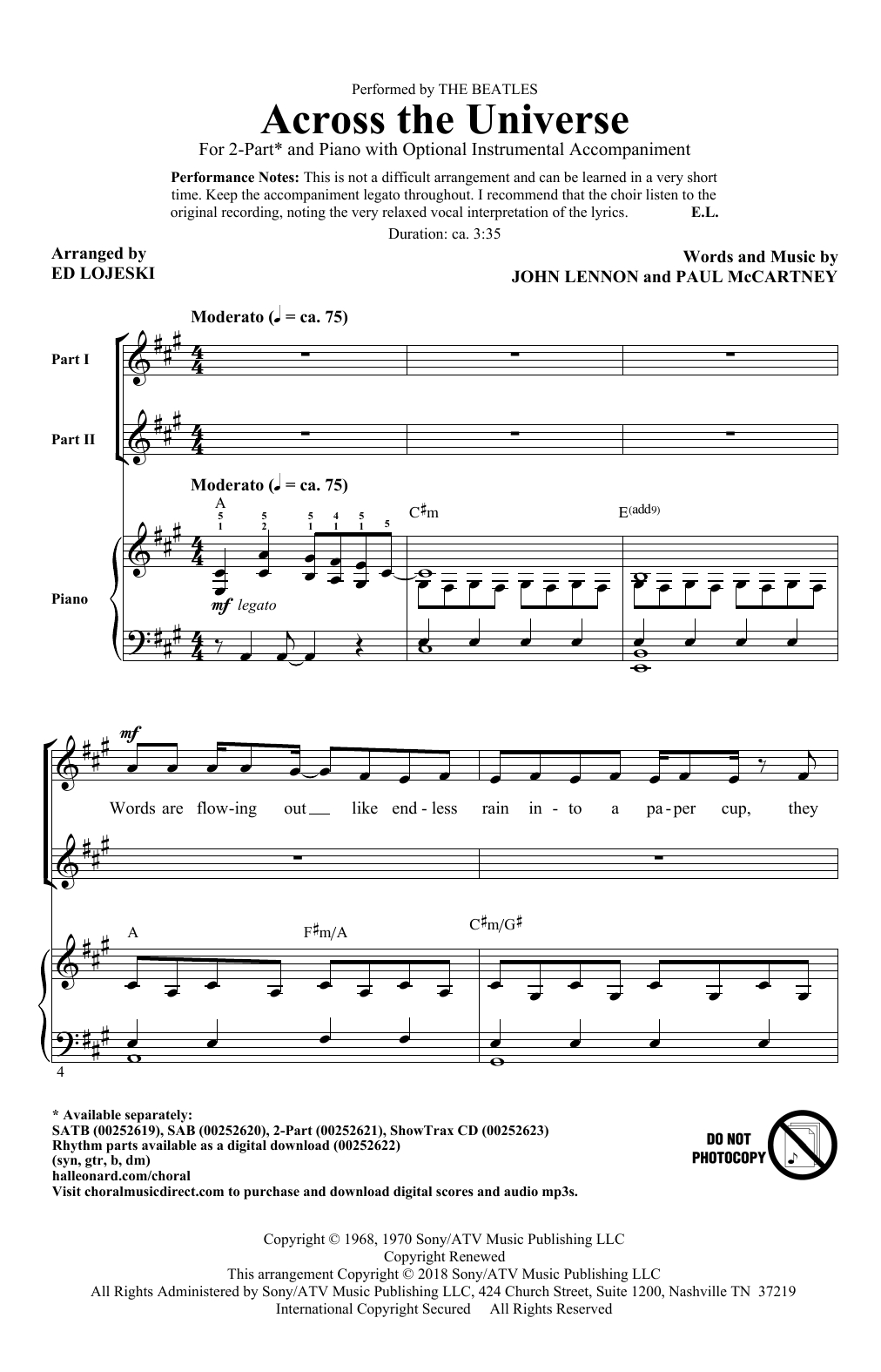 Across The Universe Chords Ed Lojeski Across The Universe Sheet Music Notes Chords Download Printable 2 Part Choir Sku 253640