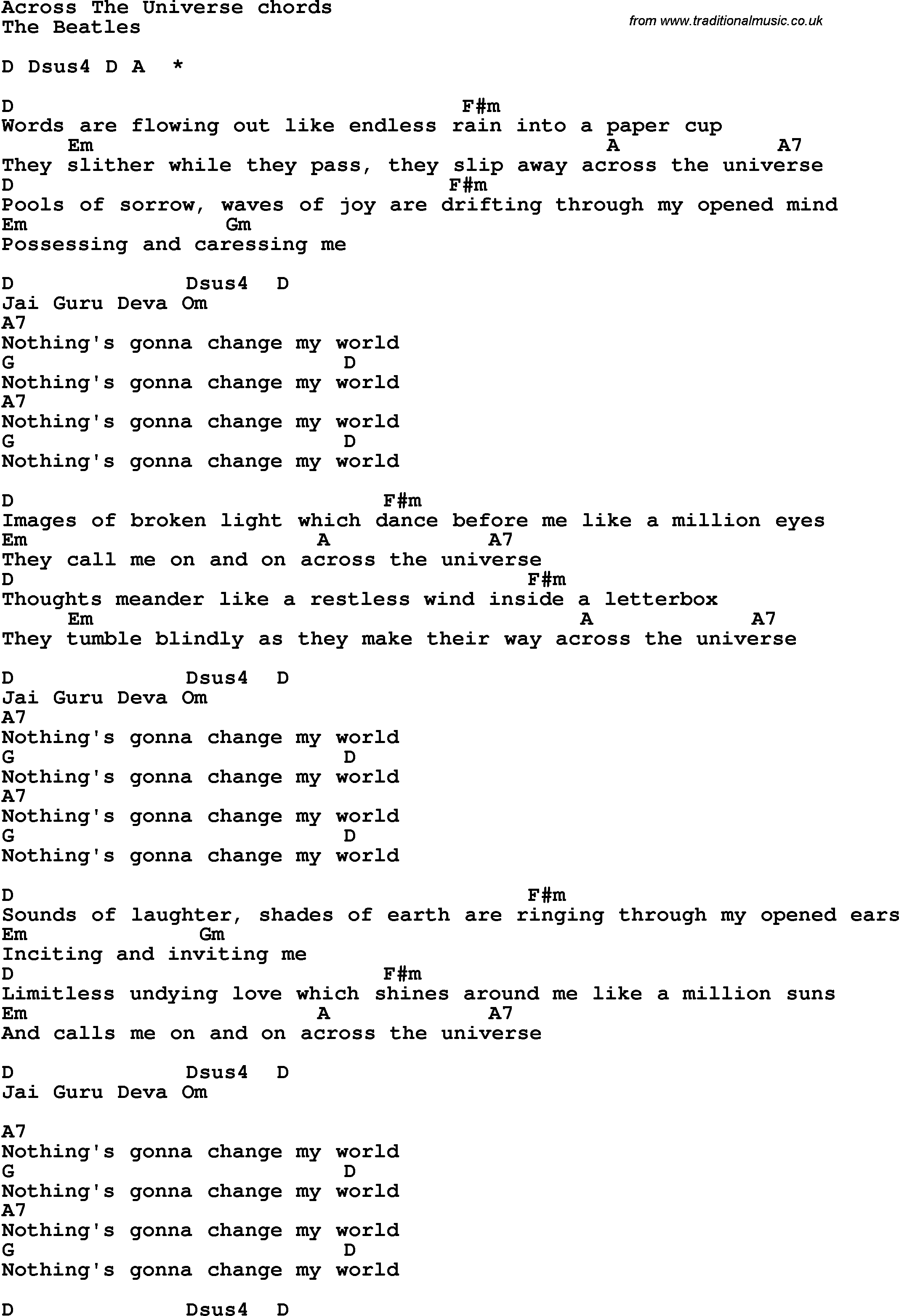 Across The Universe Chords Song Lyrics With Guitar Chords For Across The Universe The Beatles