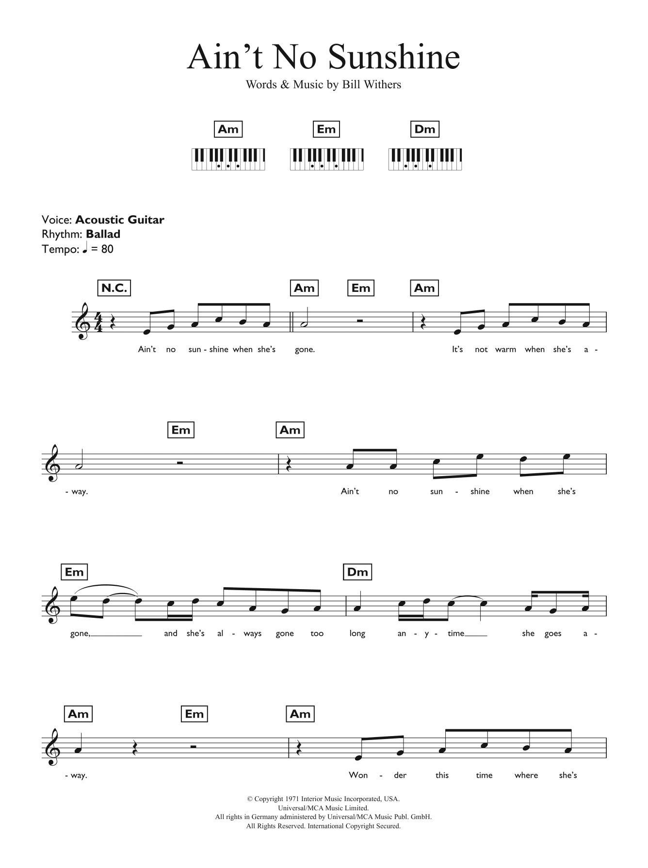Ain T No Sunshine Chords Aint No Sunshine Bill Withers Piano Vocal Guitar Right Hand Melody Digital Sheet Music