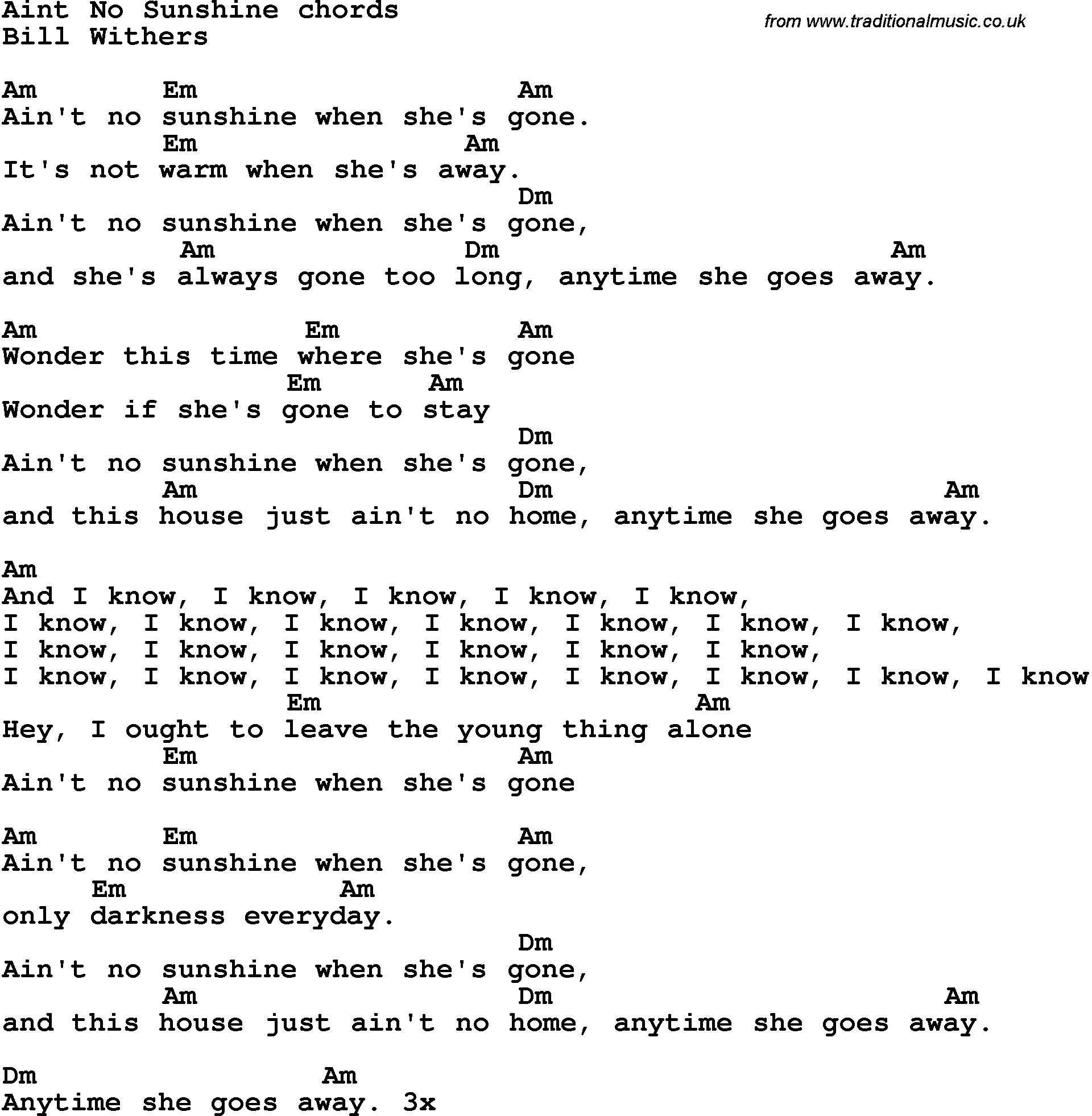 Ain T No Sunshine Chords Song Lyrics With Guitar Chords For Aint No Sunshine