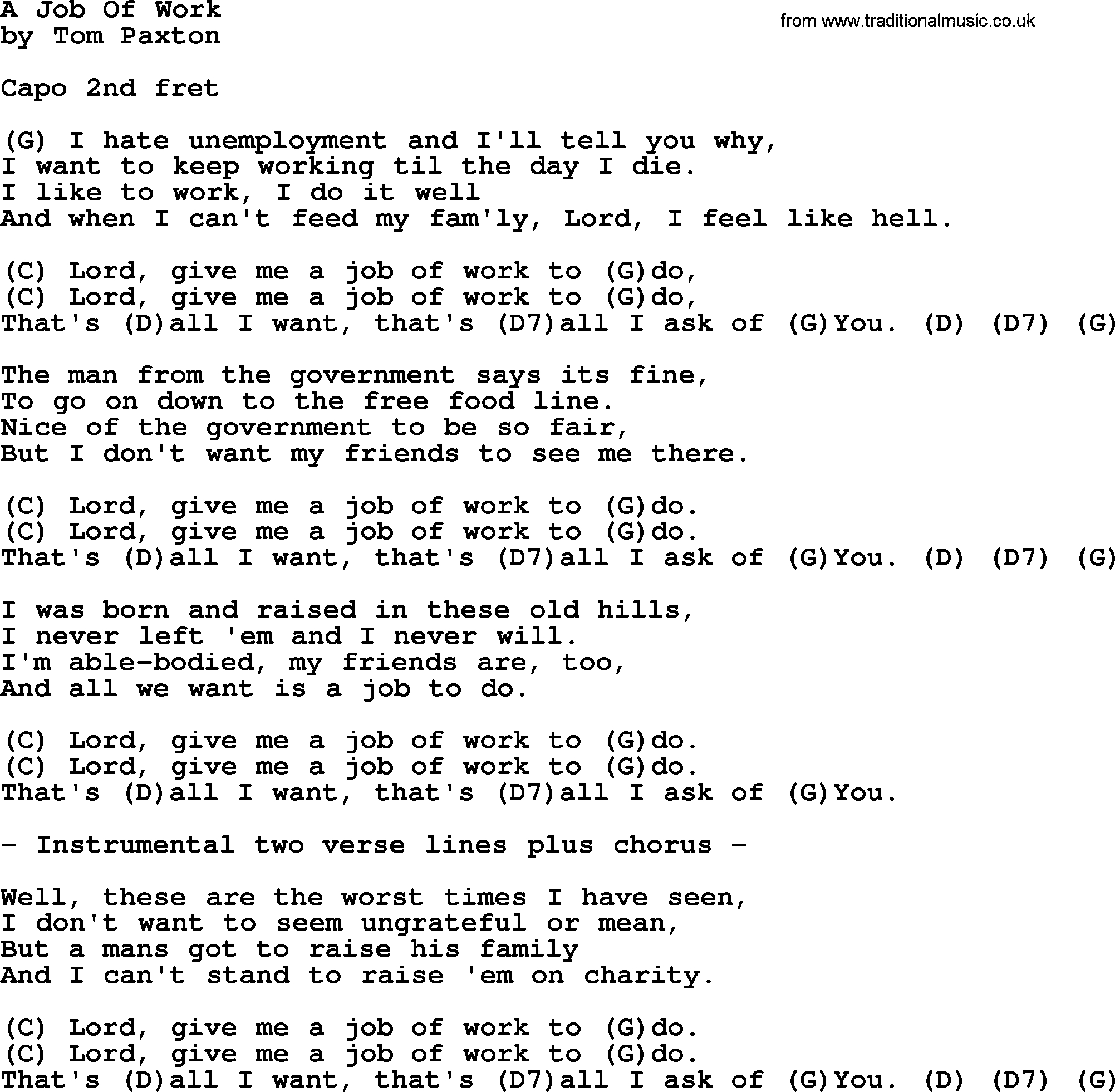 All I Ask Chords A Job Of Work Tom Paxton Lyrics And Chords