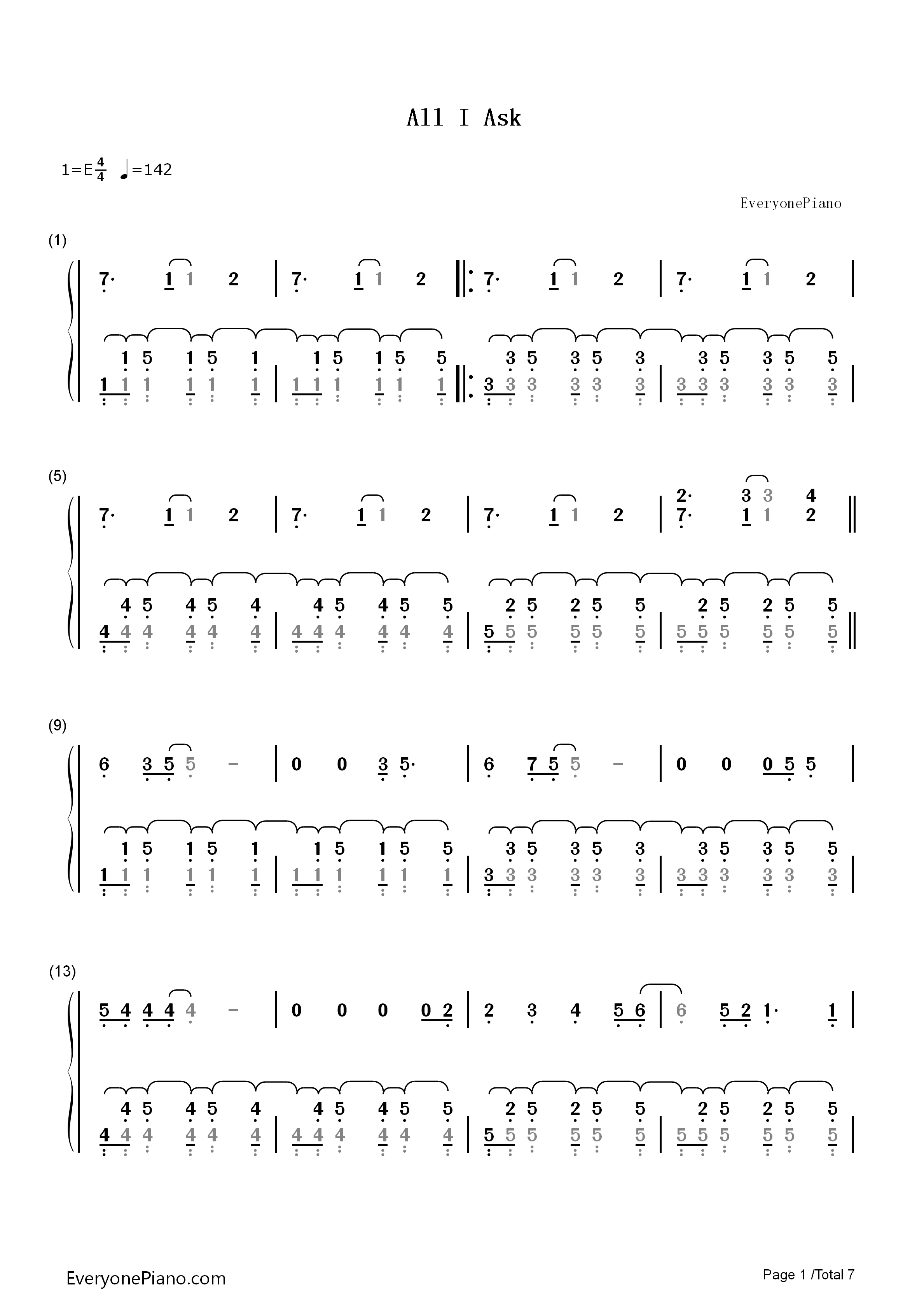 All I Ask Chords All I Ask Adele Numbered Musical Notation Preview