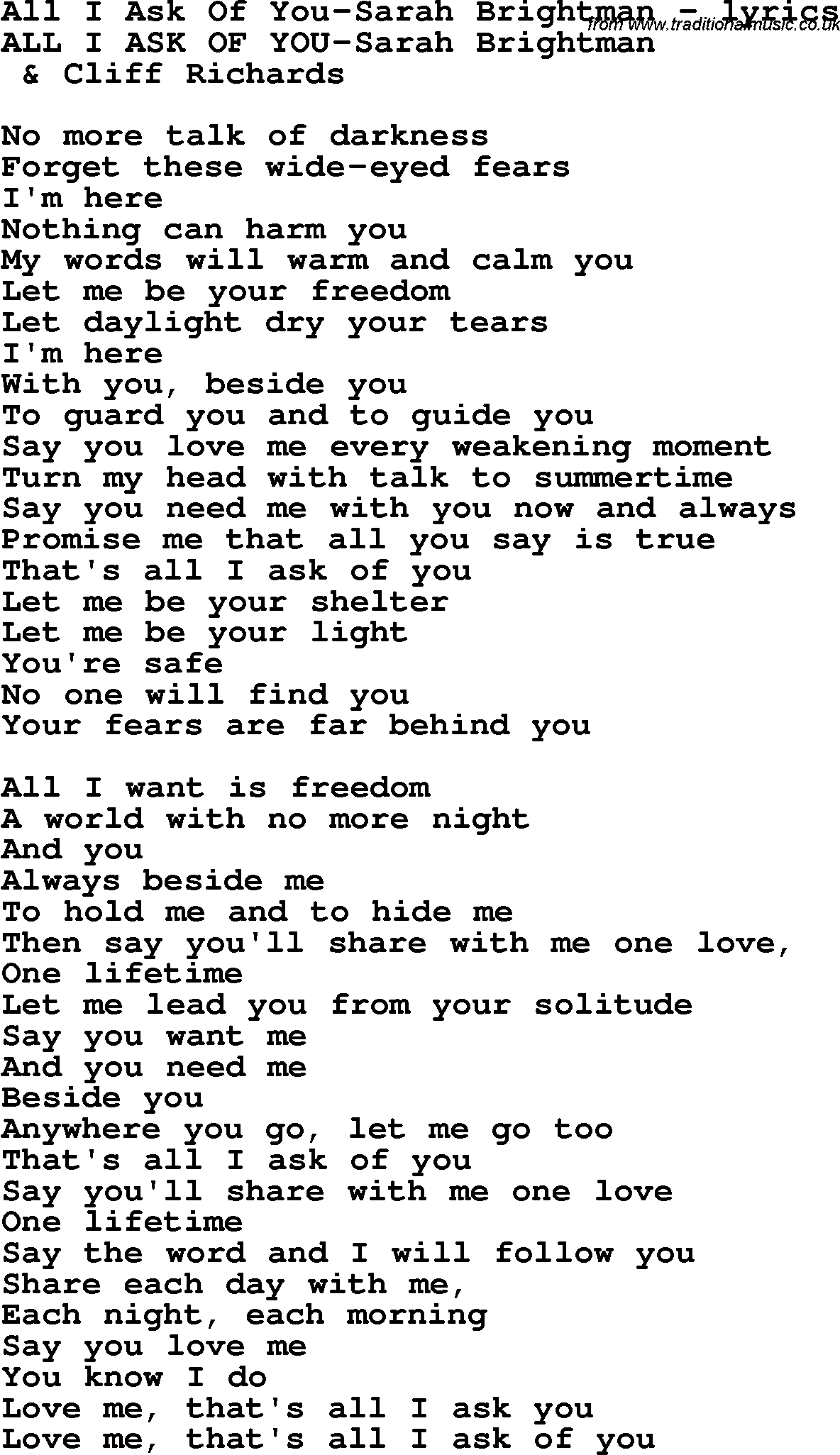All I Ask Chords Love Song Lyrics Forall I Ask Of You Sarah Brightman