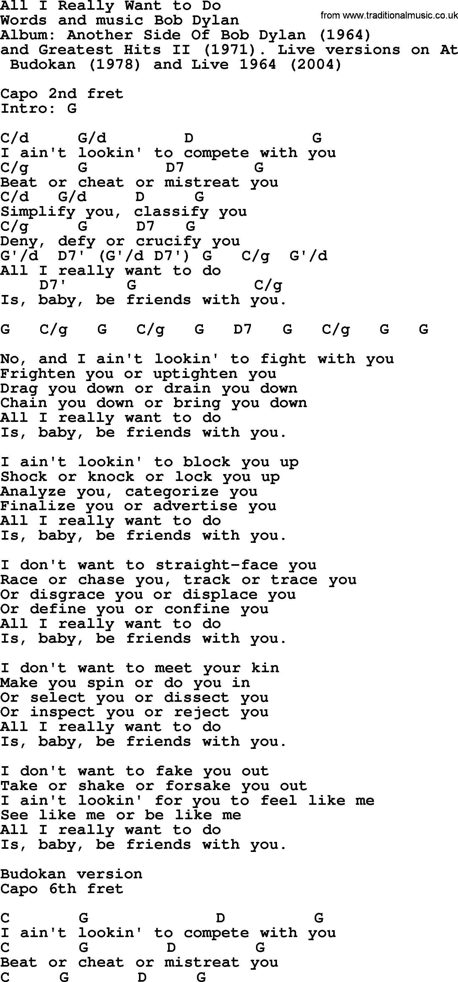 All I Want Chords Bob Dylan Song All I Really Want To Do Lyrics And Chords