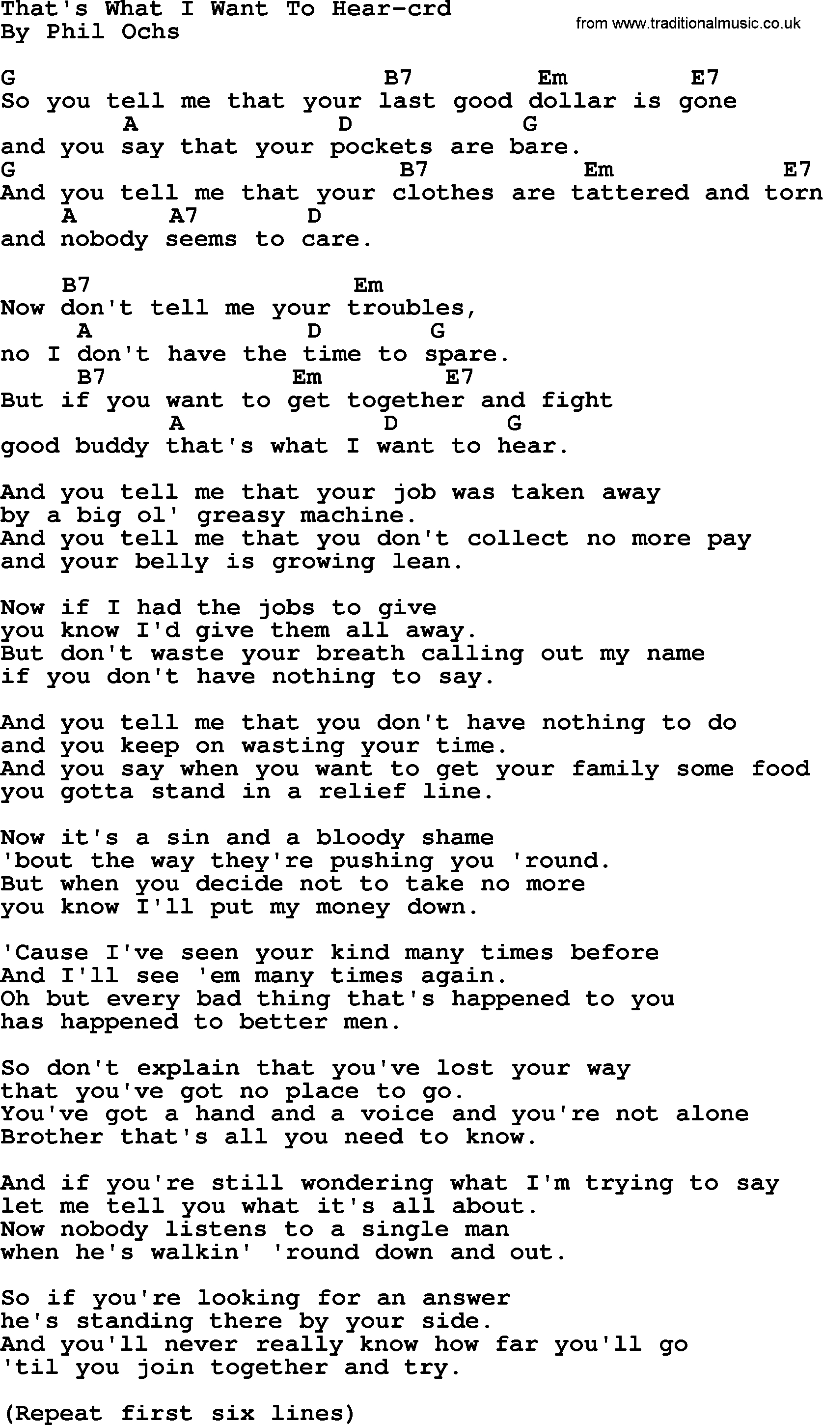 All I Want Chords Phil Ochs Song Thats What I Want To Hear Lyrics And Chords