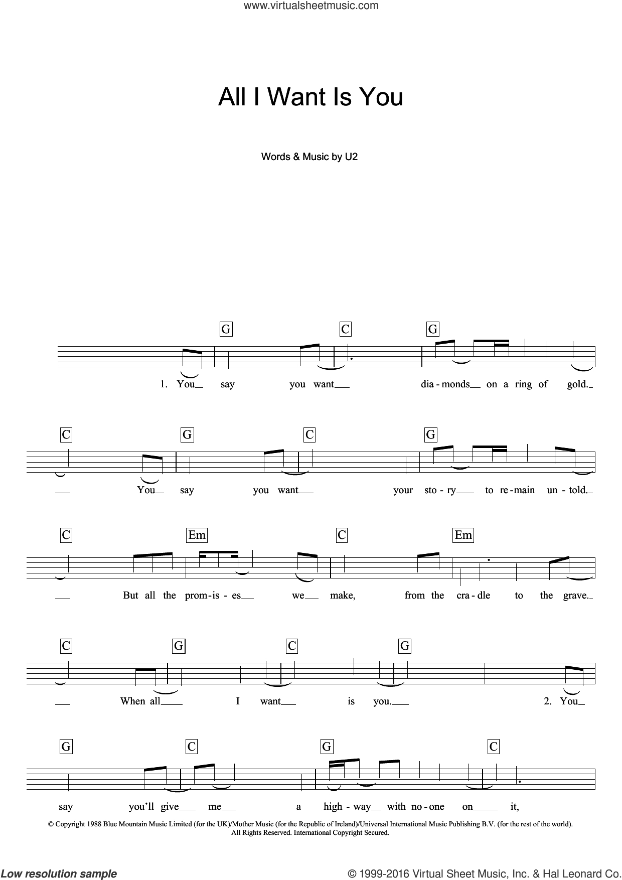 All I Want Chords U2 All I Want Is You Sheet Music For Piano Solo Chords Lyrics Melody