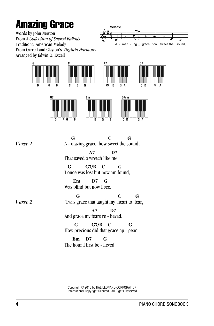 Amazing Grace Chords Amazing Grace Piano Chordslyrics Print Sheet Music Now