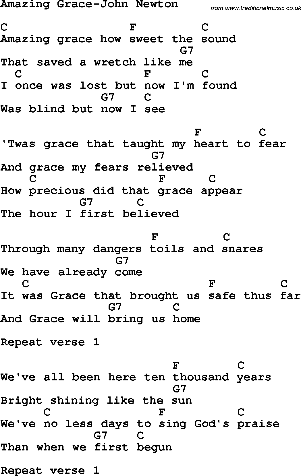 Amazing Grace Chords Country Southern And Bluegrass Gospel Song Amazing Grace John