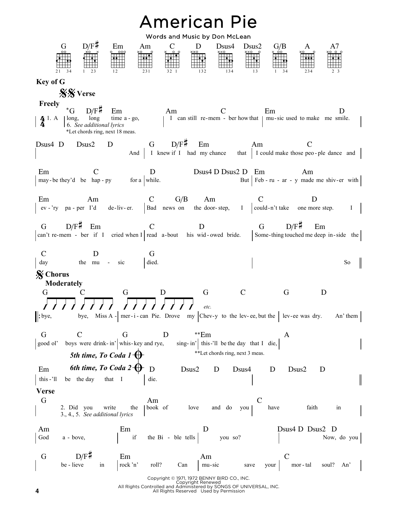 American Pie Chords American Pie Don Mclean Piano Vocal Guitar Right Hand Melody Digital Sheet Music