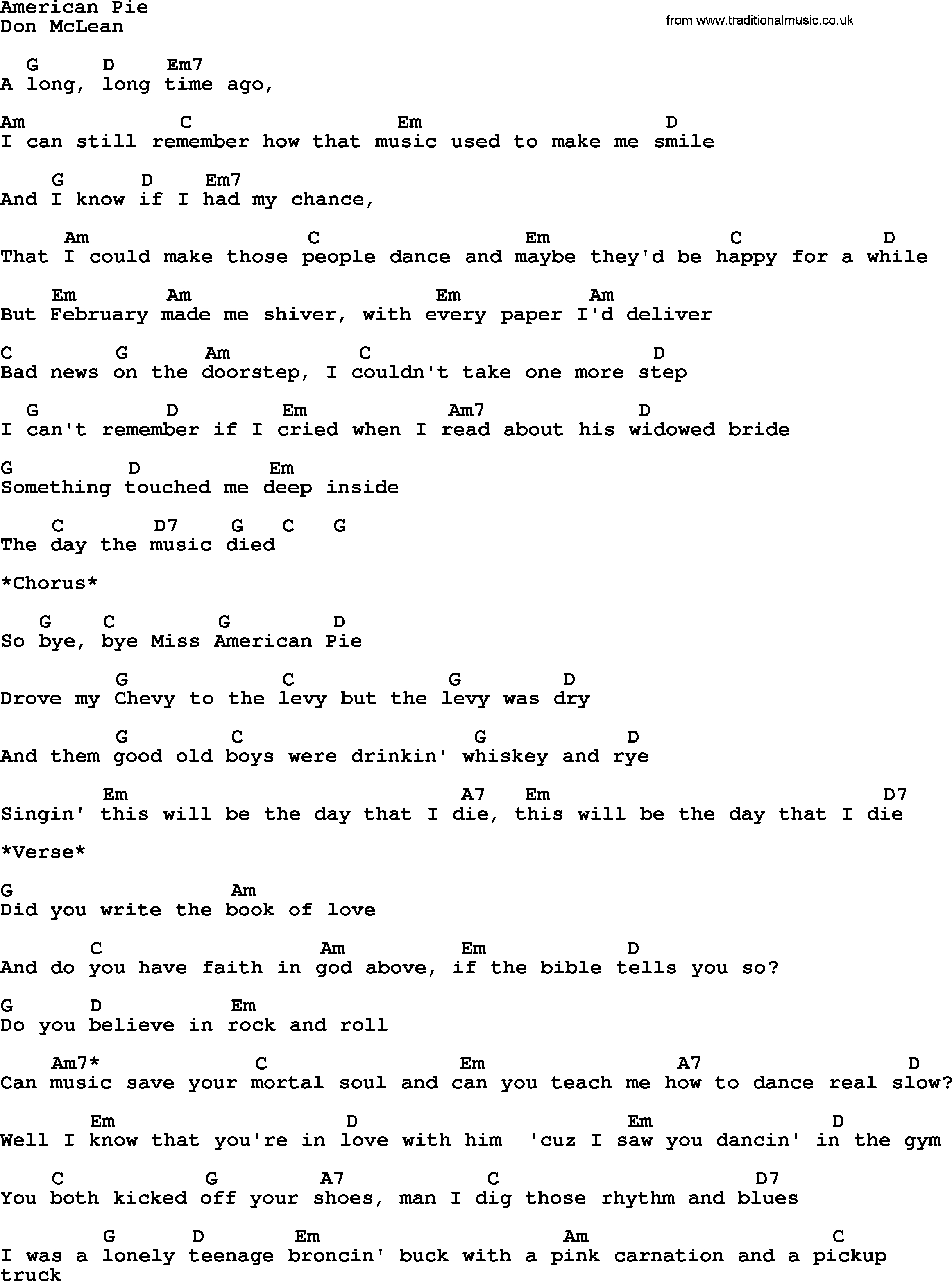 American Pie Chords American Pie Garth Brooks Lyrics And Chords