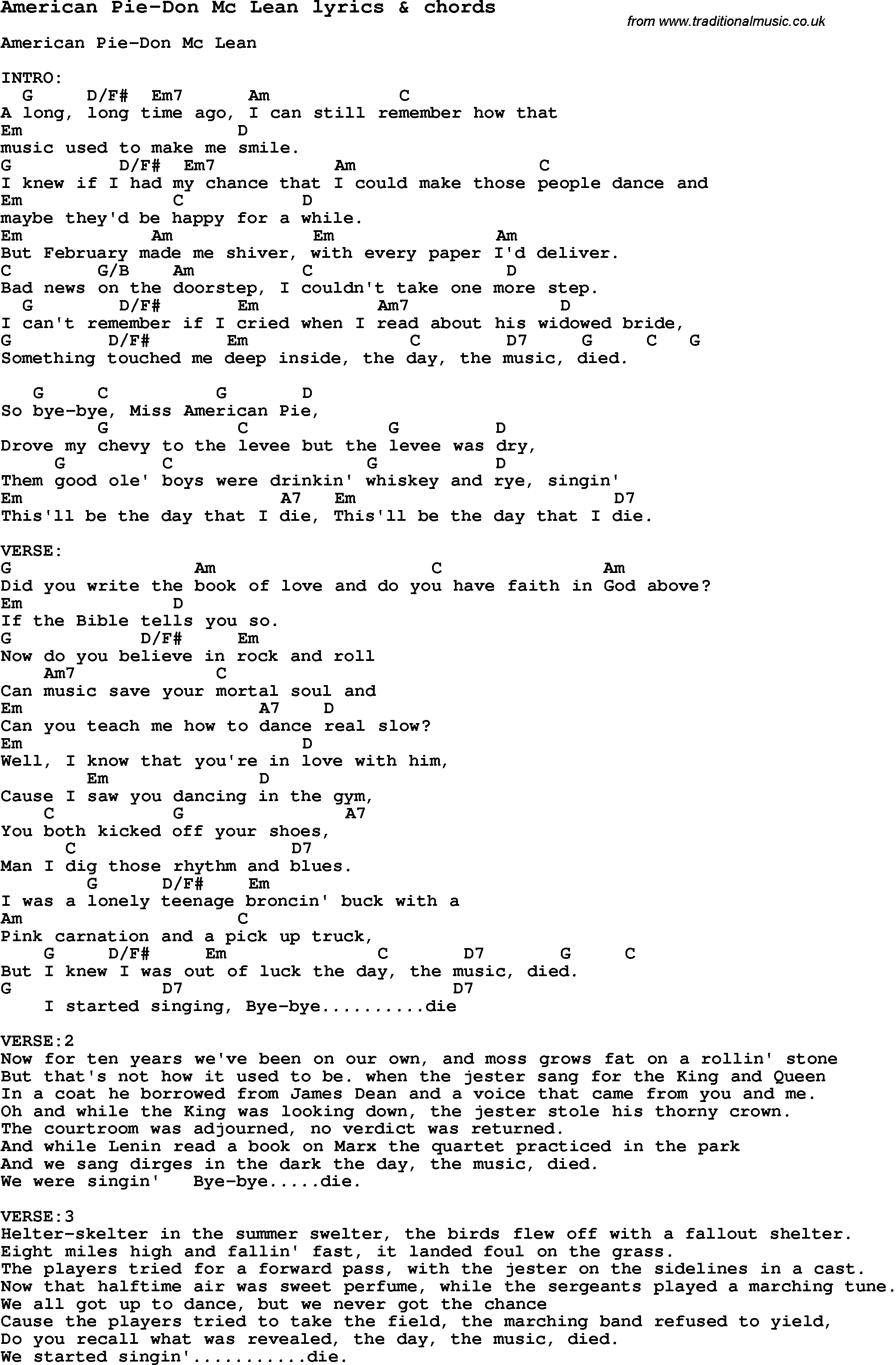 American Pie Chords Love Song Lyrics Foramerican Pie Don Mc Lean With Chords