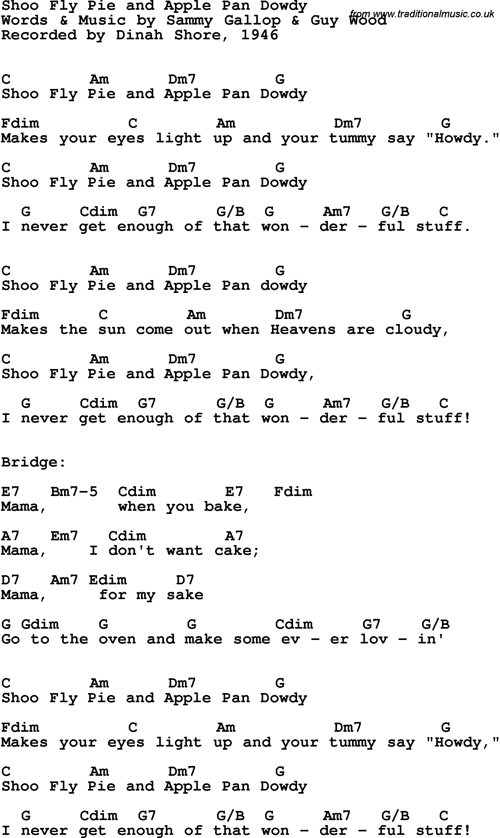American Pie Chords Song Lyrics With Guitar Chords For Shoo Fly Pie Dinah Shore 1945
