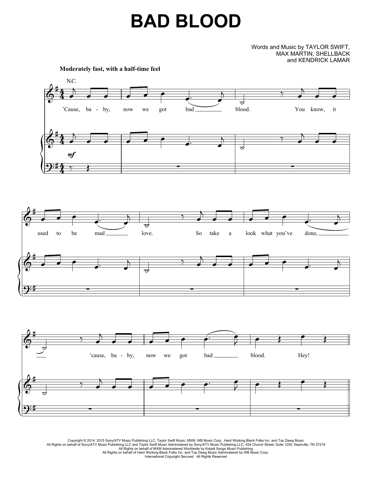 Bad Blood Chords Bad Blood Piano Vocal Guitar Right Hand Melody Sheet Music