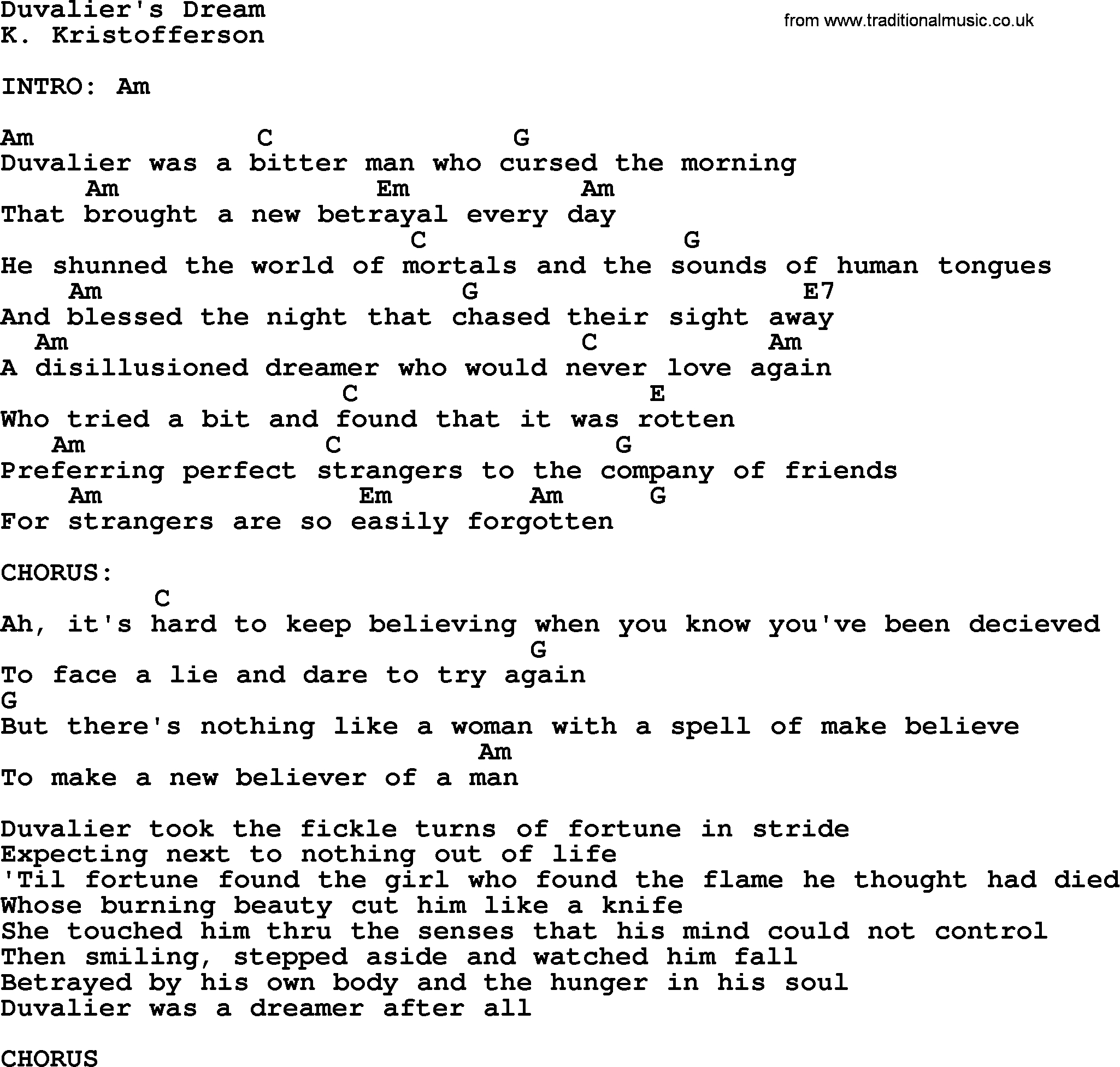 Bad Blood Chords Kris Kristofferson Song Duvaliers Dream Lyrics And Chords