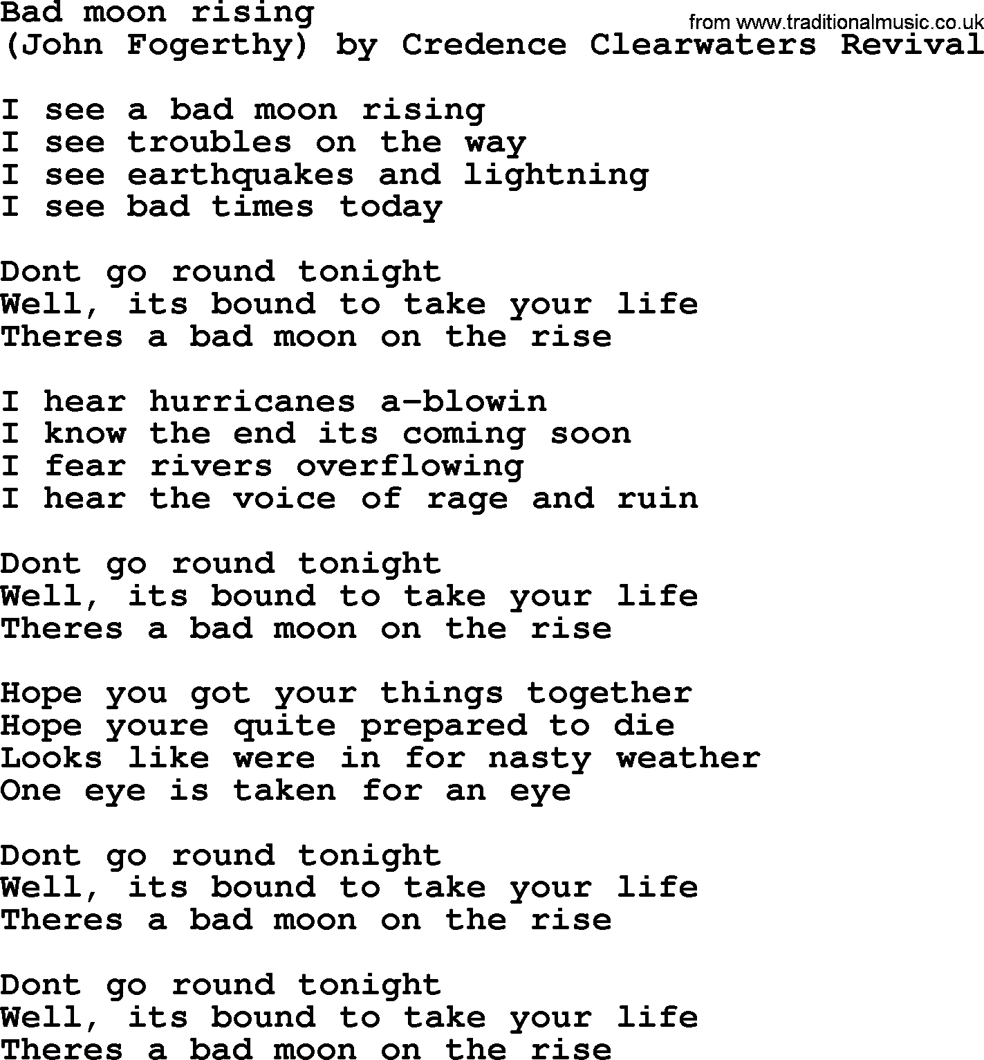 Bad Moon Rising Chords Bruce Springsteen Song Bad Moon Rising Lyrics