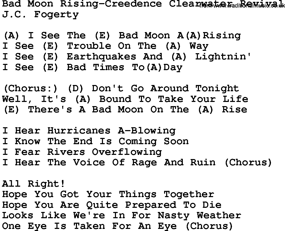 Bad Moon Rising Chords Country Musicbad Moon Rising Creedence Clearwater Revival Lyrics