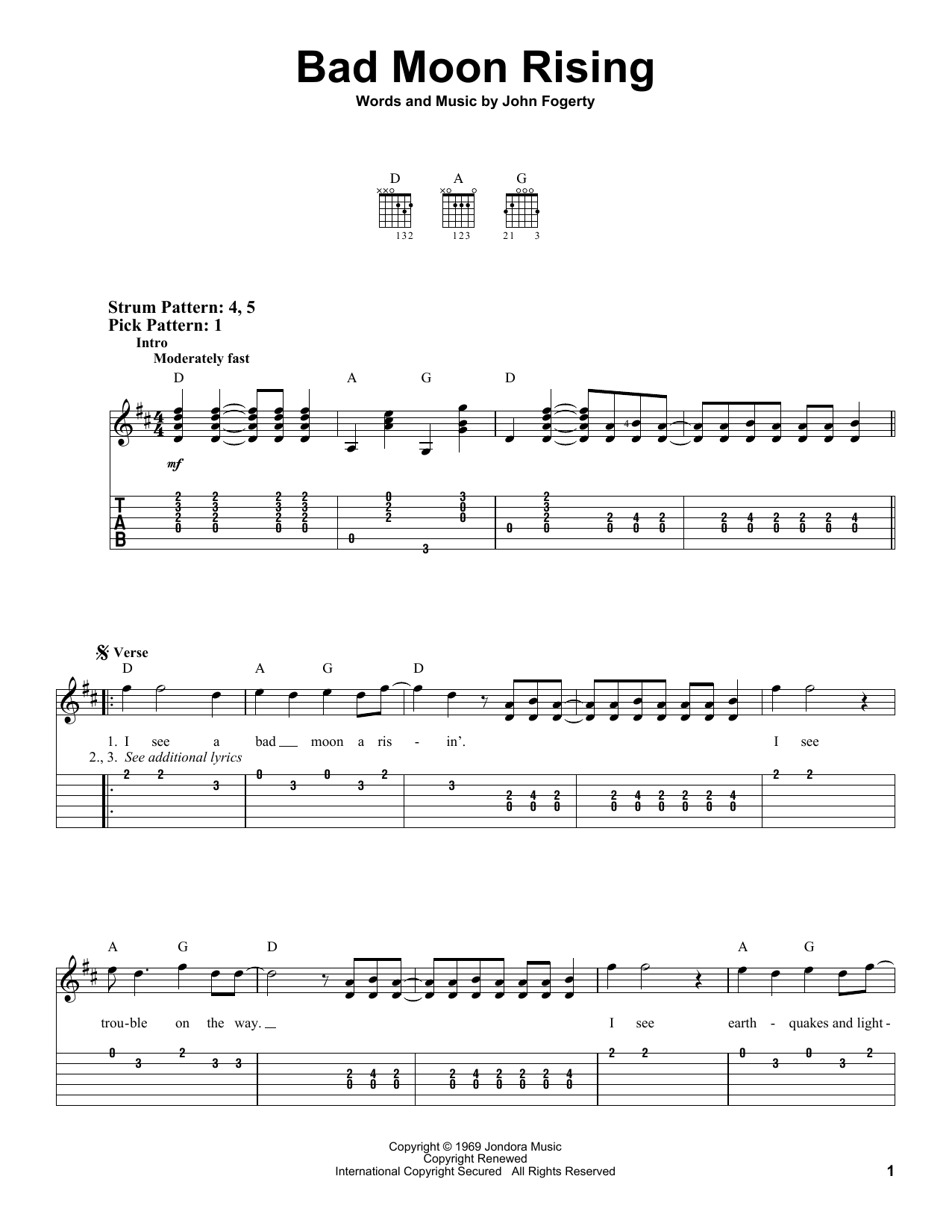 Bad Moon Rising Chords Sheet Music Digital Files To Print Licensed John Fogerty Digital