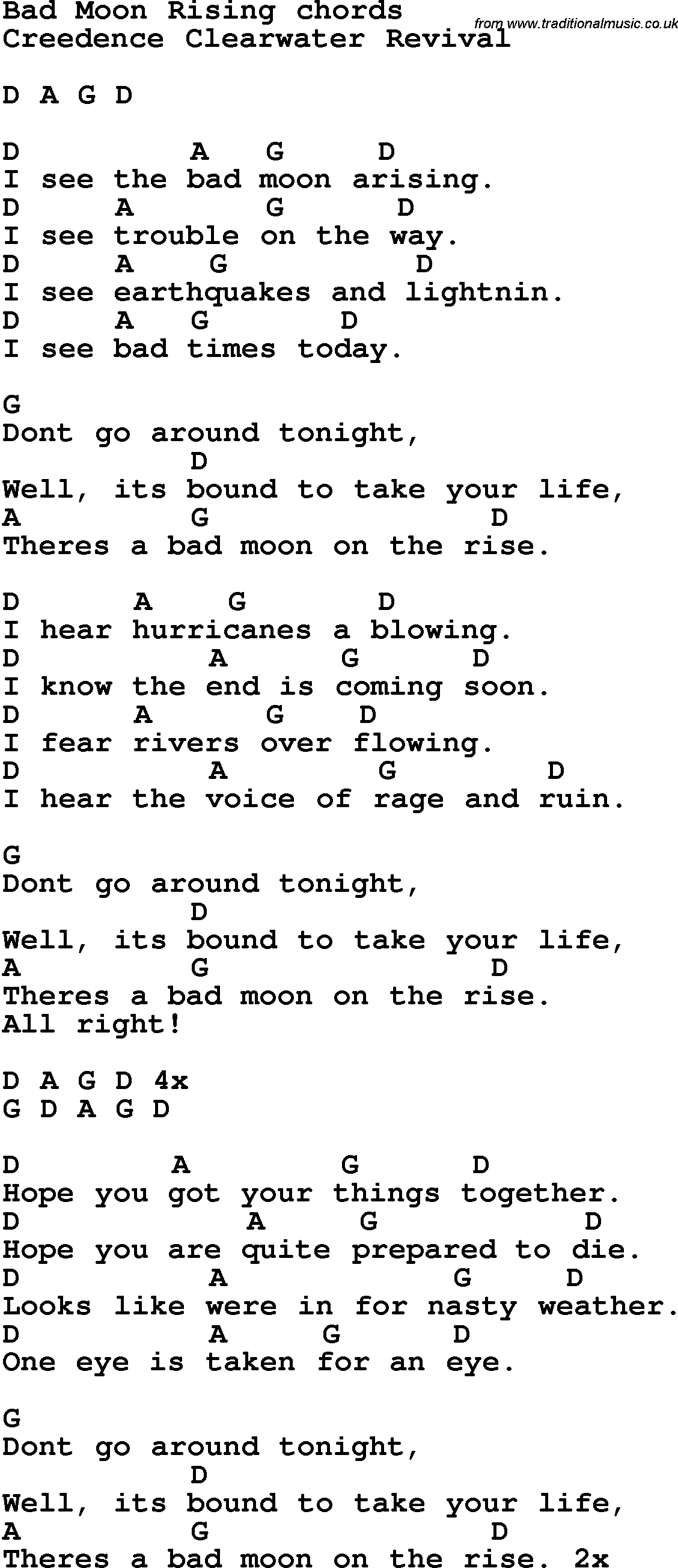 Bad Moon Rising Chords Song Lyrics With Guitar Chords For Bad Moon Rising