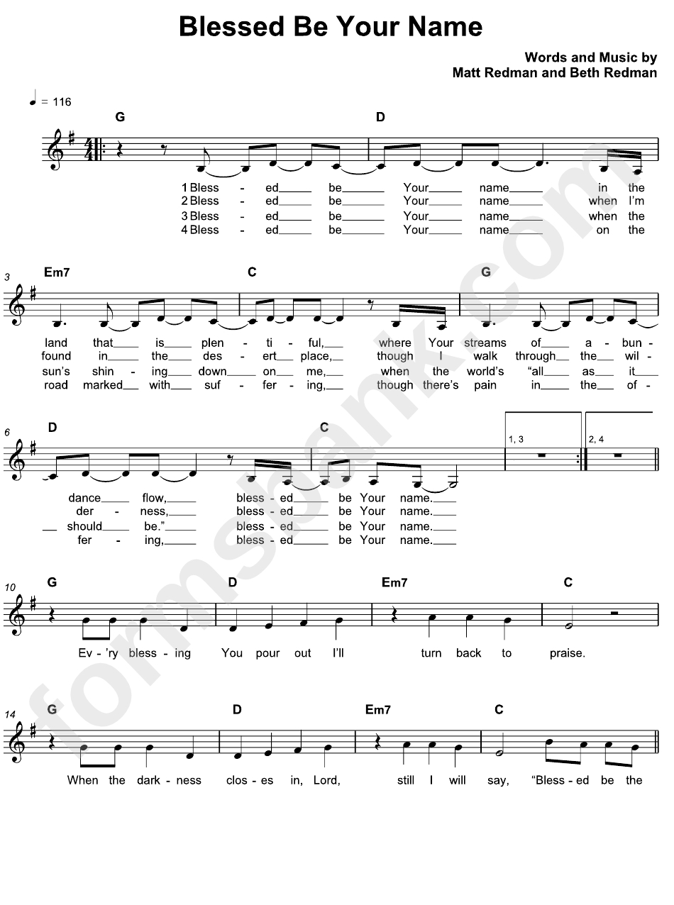 Blessed Be Your Name Chords Blessed Be Your Name Matt Redman And Beth Redman Printable Pdf